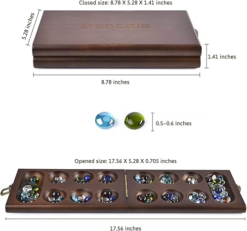 Miniatura 3 de AMEROUS Wooden Mancala Board Game Set with 72+8 Bonus Multi Color Glass Stones - Folding Board - Mancala Instructions, Classic Family Board Game for