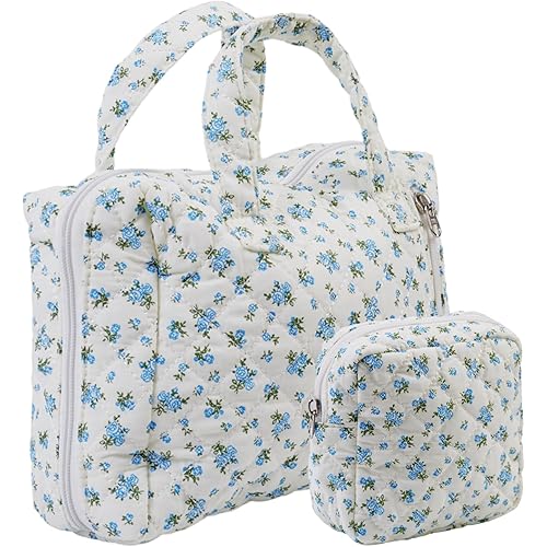 Cute Makeup Bag for Women(2 Pcs), Travel Cosmetic Bags, Quilted Coquette Aesthetic Floral Toiletry Organizer Bag (32 - Blue Rose)