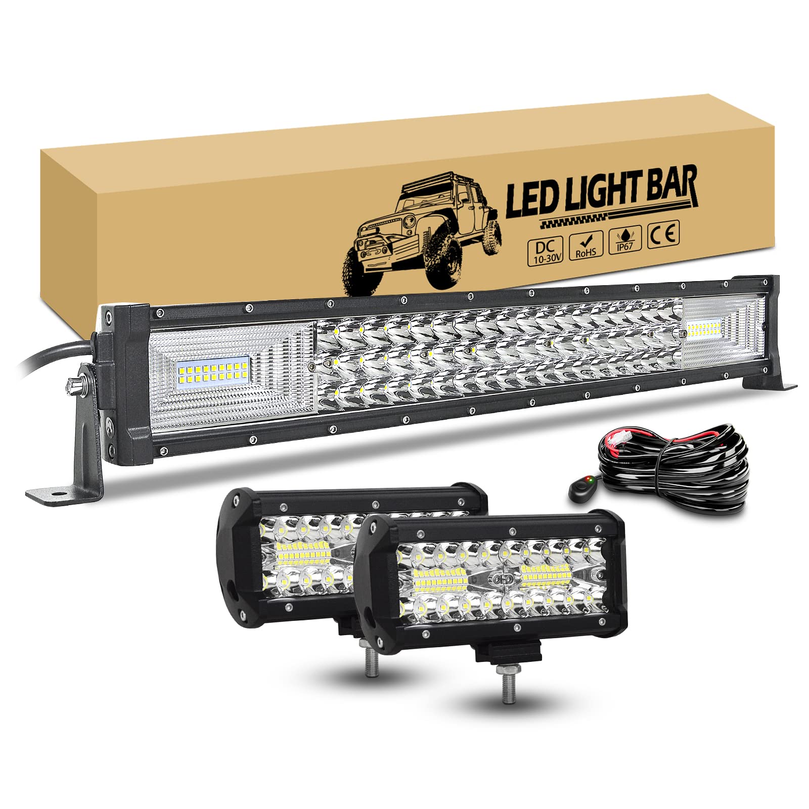 RIGIDON 22 cale 56 cm 270 W zakrzywiona listwa świetlna LED robocza z zestawem okablowania 12 V, 2 x 7 cali 120 W światło przeciwmgielne jazdy do samochodów terenowych 4x4 samochodów terenowych SUV