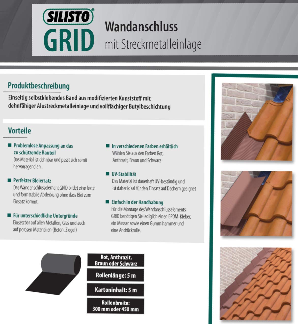 SILISTO GRID Wandanschlussband Anthrazit - 450mm & 1 Meter Länge - Butyl Dichtband, Wandanschlussprofil, Dachabdichtung, Kaminverkleidung, Dachfolie Wasserdicht, Witterungsschutz und UV-beständig