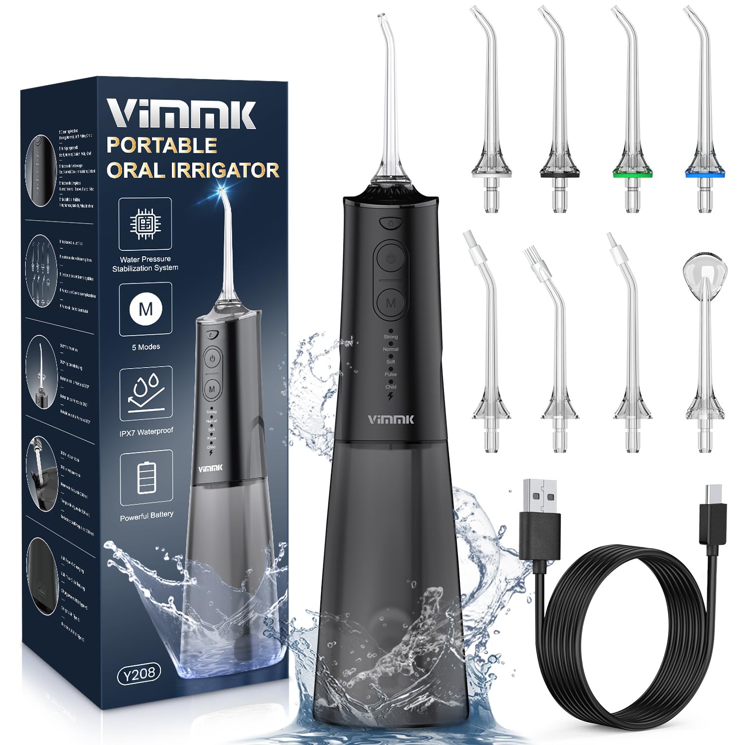 vente privée VIMMK Jet Dentaire Hydropulseur et Irrigateurs Oral avec 5 Modes de Pression d'eau et 8 Embouts Remplaçables, Rechargeable et Étanche IPX7, Réservoir 300ML (Noir)