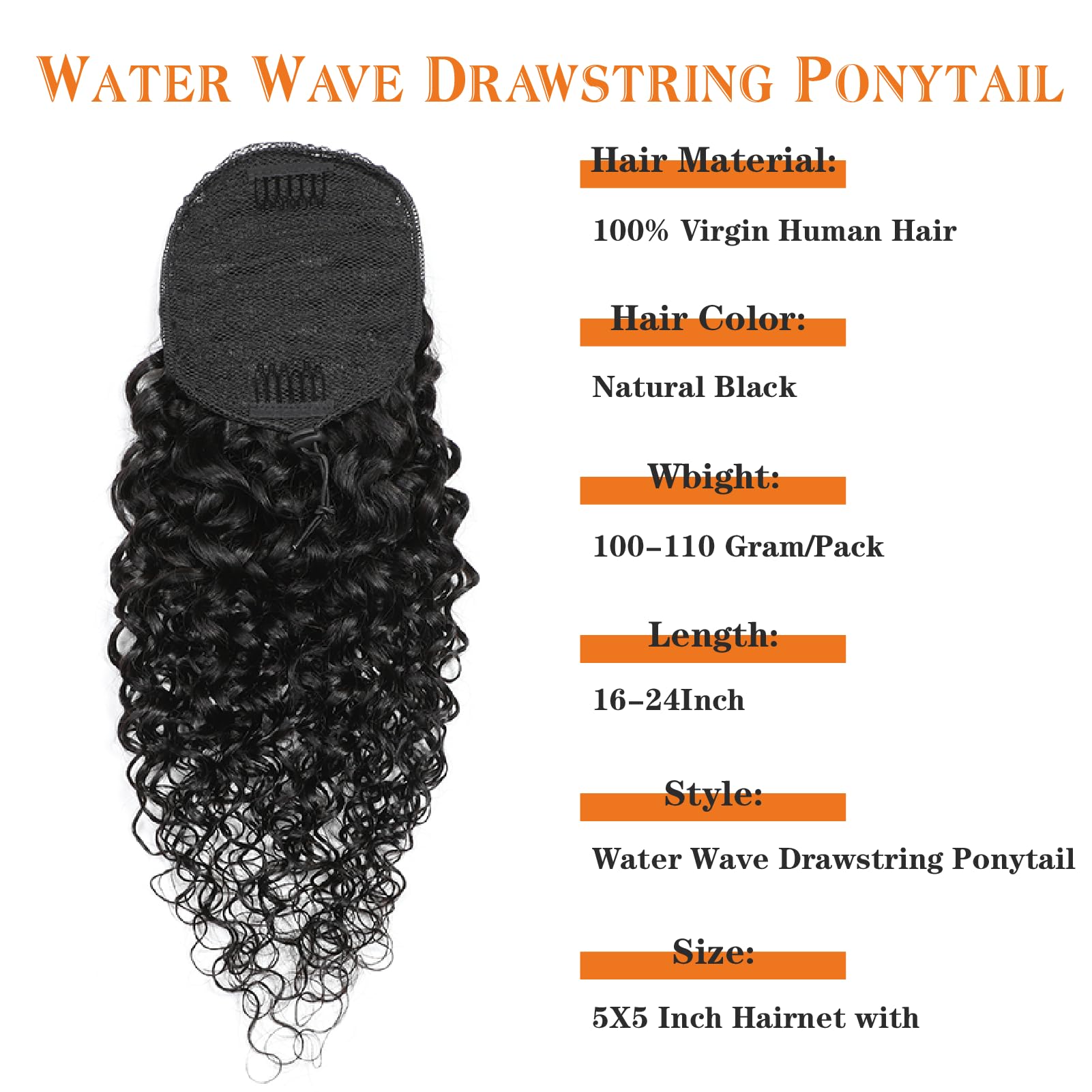 Yacurcur Water Wave Drawstring Ponytail Brazilian Remy Human Hair Ponytail Extensions for Black Women Ponytail Extension Human Hair Pieces Natural Black 16 Inch - Image 2