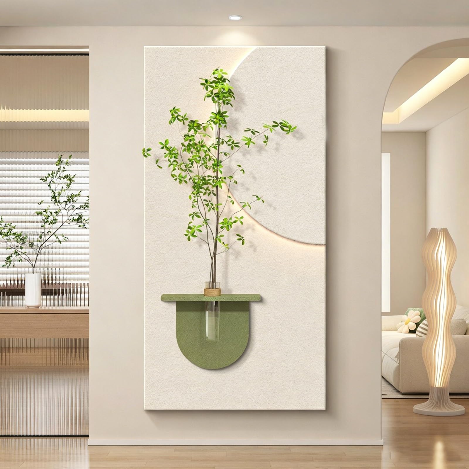 ZCQMSCWW 3D LED Wall Art with Hydroponic Vase, Green Plant Holder Sandstone Finish Plug in Powered Living Room Bedroom Decor(C,160 * 80cm/62.9 * 31.5in)