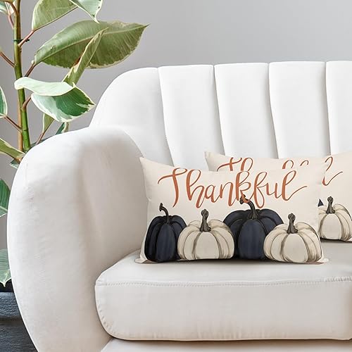 Miniatura 5 de Juego de 2 fundas de almohada de calabazas azules y blancas decorativas de otoño de 12 x 20 pulgadas, juego de 2 fundas de almohada de otoño de