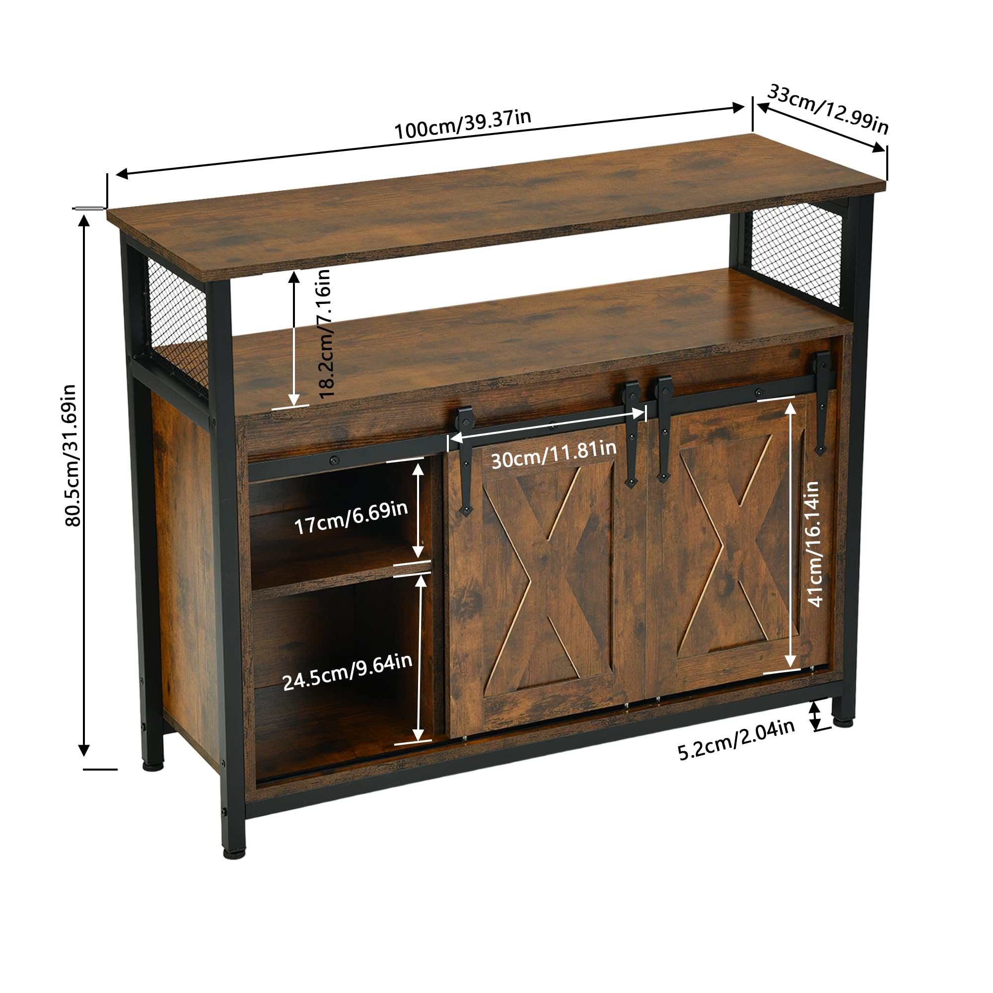 Sideboard, Küchenschrank, Aufbewahrungsschrank, 100 x 33 x 80 cm, mit 2 Schiebetüren, verstellbare Ablagen, Landhausstil, für Wohnzimmer, Esszimmer und Küche, vintagebraun-schwarz