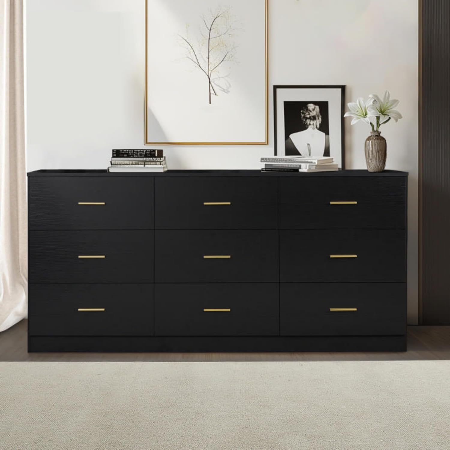 Vibe & Dine 6 Drawer Dresser, Wooden Dresser for Bedroom with Gold Handles, Modern Wide Chest of Drawers with Sturdy Frame for Living Room