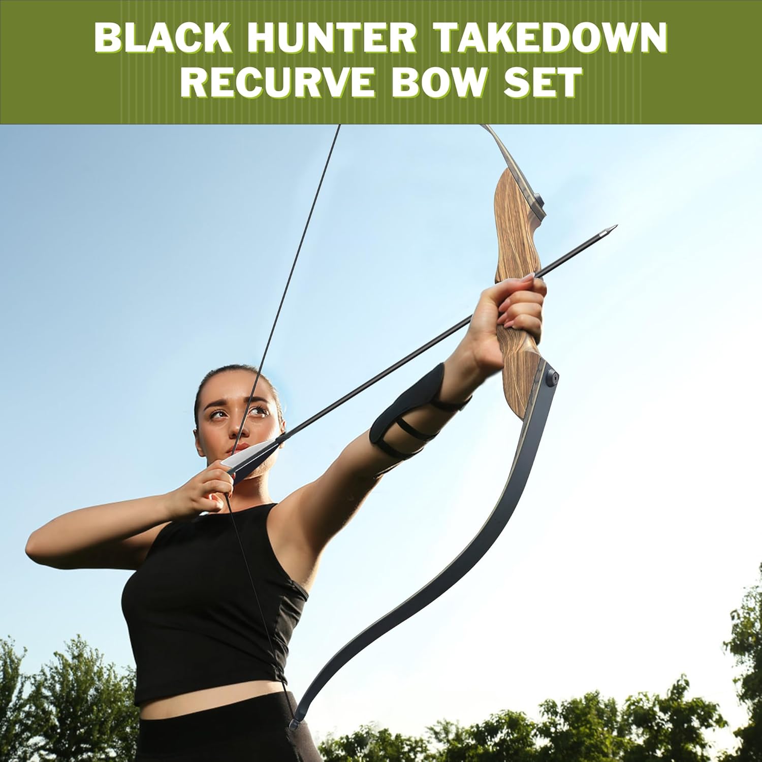 Black Hunter Recurve Bow and Arrow Set, GLURAK 60'' Wooden Takedown Recurve Bows Package, Archery Bow Kit for Target Practice and Hunting, Right Hand, 25-50 Lbs
