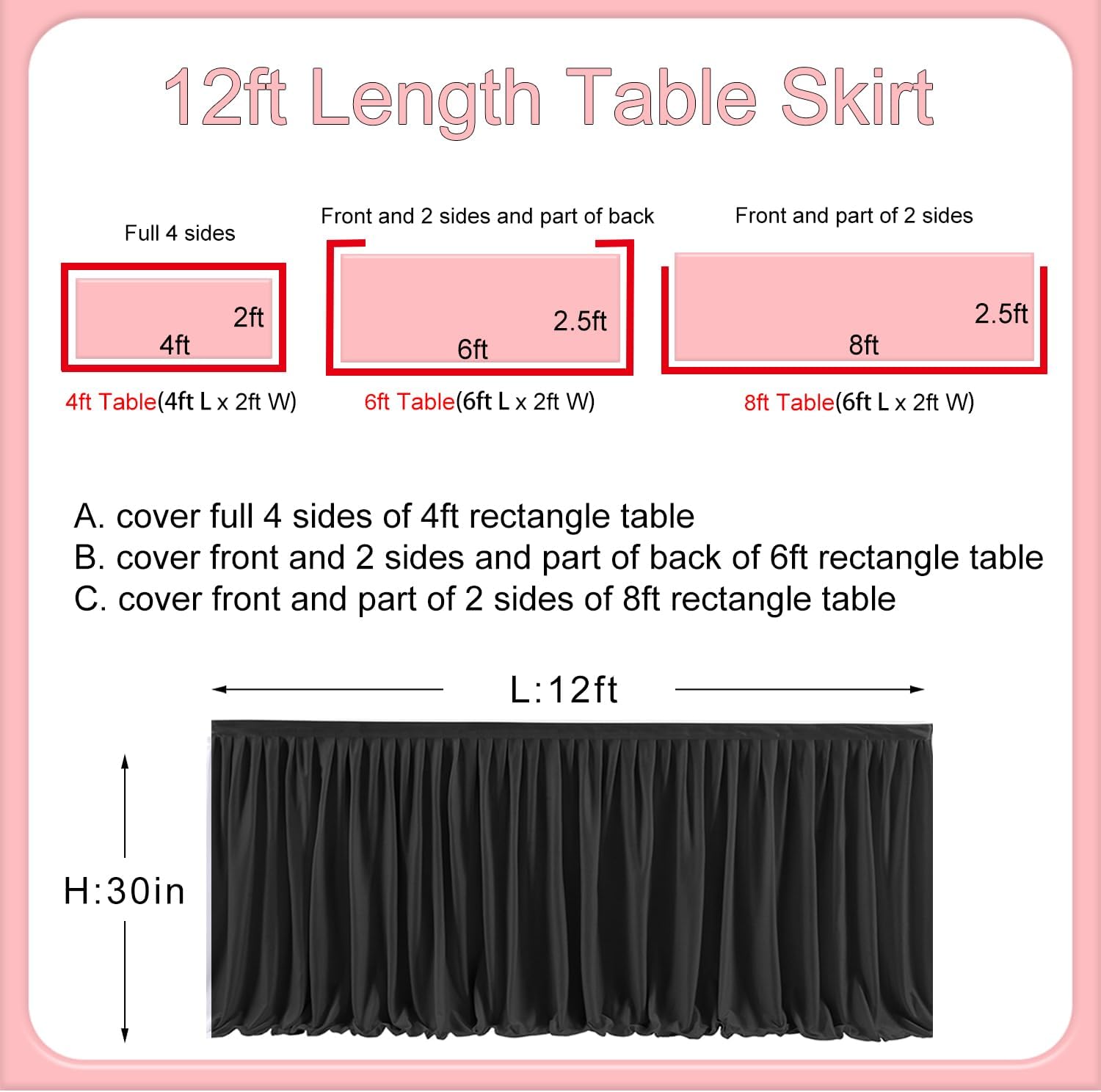 Black 12ft Table Skirts for Rectangle Tables, Ruffle Desk Skirt for Baby Girl Shower Wedding Reception Unicorn Theme Birthday Party Décor Summer Banquet Table Decorations