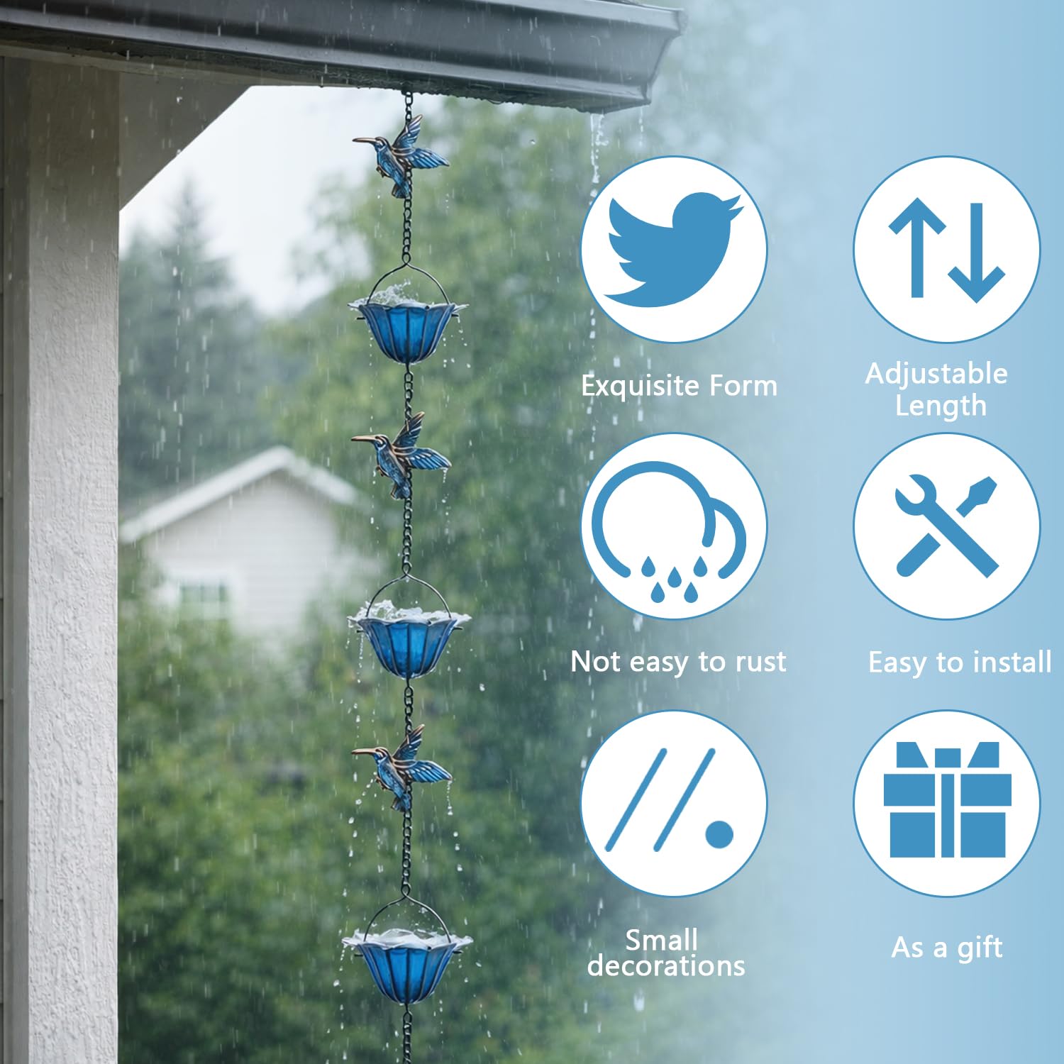 Chaînes de pluie pour gouttières, 2,4 m, vintage, en fer bleu, chaîne de pluie avec 7 colibri et tasses