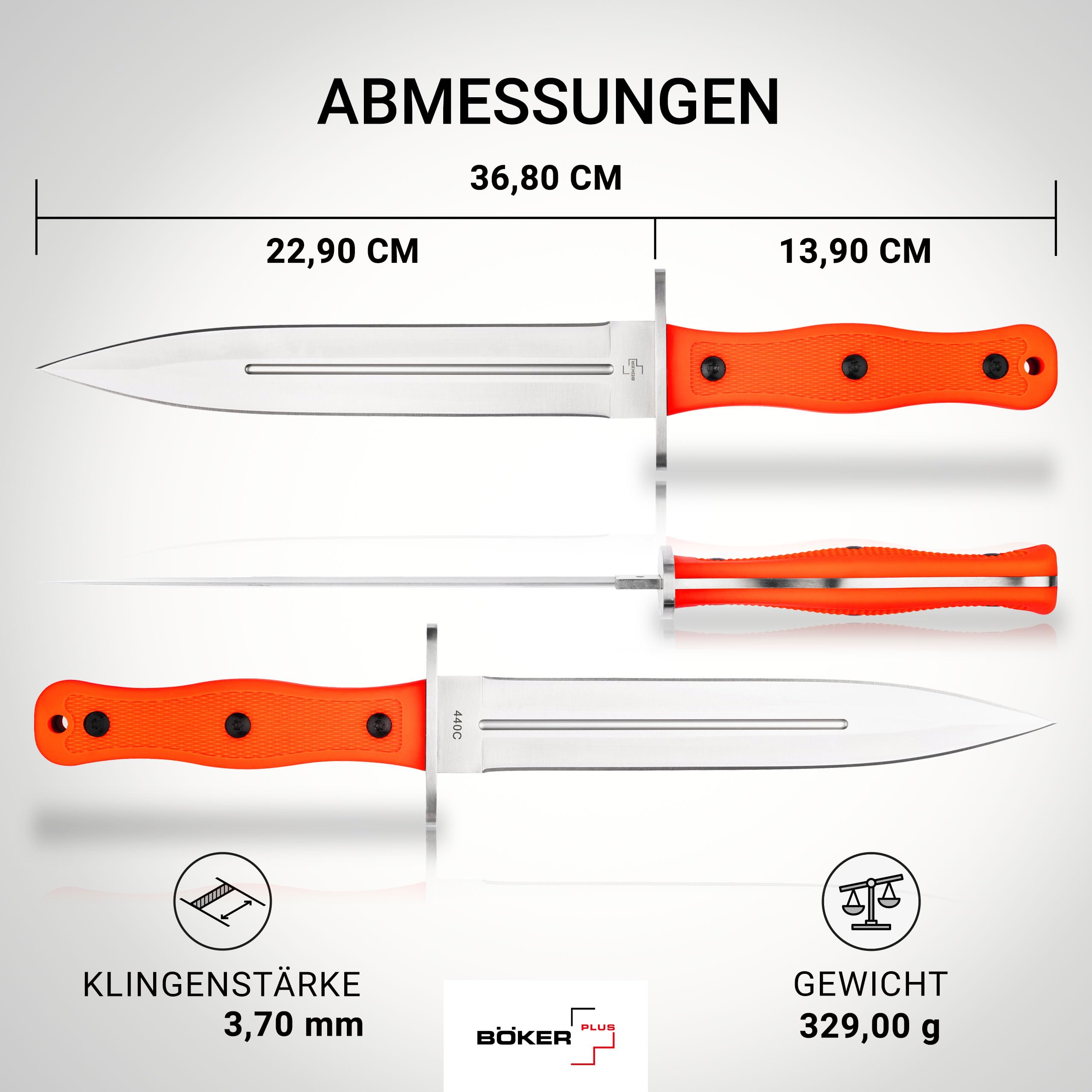 BÖKER PLUS® Boar Dagger - Abfangmesser für Rot- & Schwarz-Wild - zweischneidiges Jagdmesser feststehend - Hirsch- & Saufänger in Speer-Form - Fulltang Messer mit 22,9 cm Edelstahl Dolch Klinge