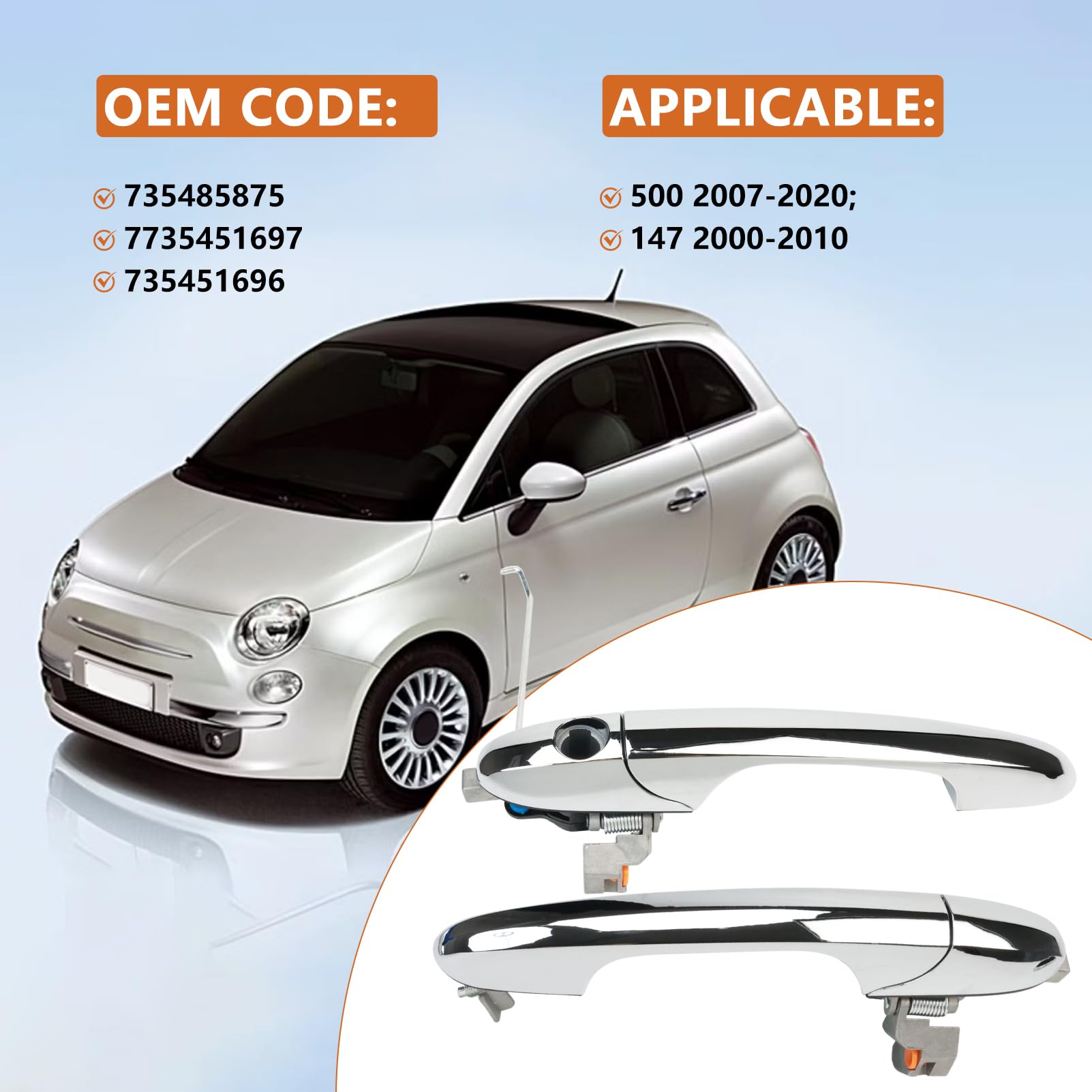 KASturbo Maniglia per porta esterna cromata fuorigioco destro e lato passeggero sinistro, adatta per Fiat 500 2007-2020, Abarth 500 2008-2020 Sostituire 735485876 735485875