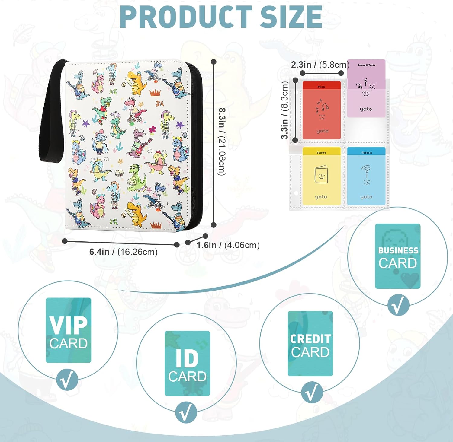 Card Holder for Yoto Cards 160 Pockets Large Capacity Card Organizer with Zipper Card Case Binder for Yoto Player Cards(PU white dinosaur)