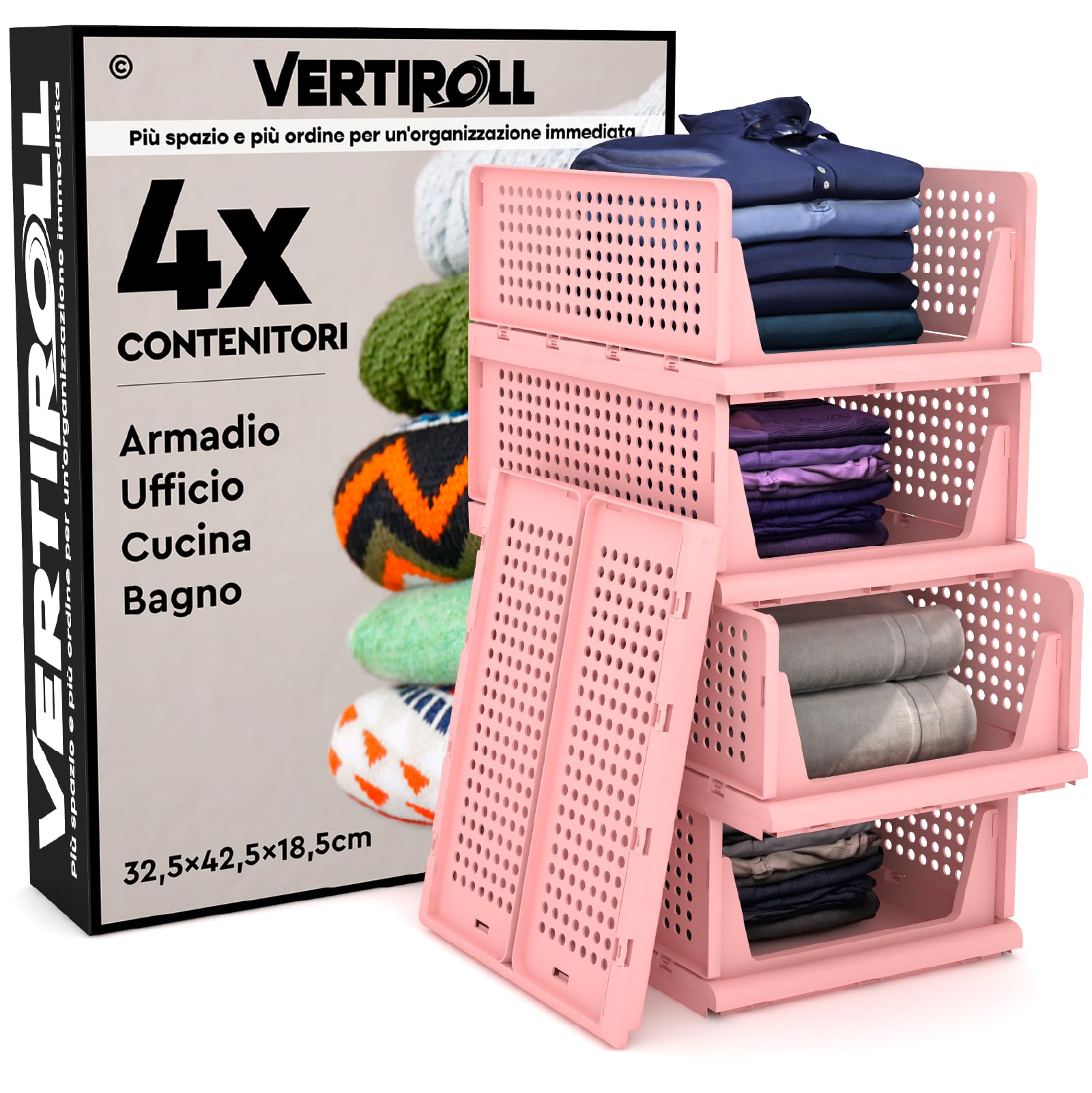 4 Cassetti Impilabili Scorrevoli Organizer Armadio VertiRoll - Contenitori Salvaspazio Portaoggetti in Plastica Colore Rosa Casa Cucina Bagno Ufficio Facili da Montare - Cassetti da 32,5x42,5x18,5cm