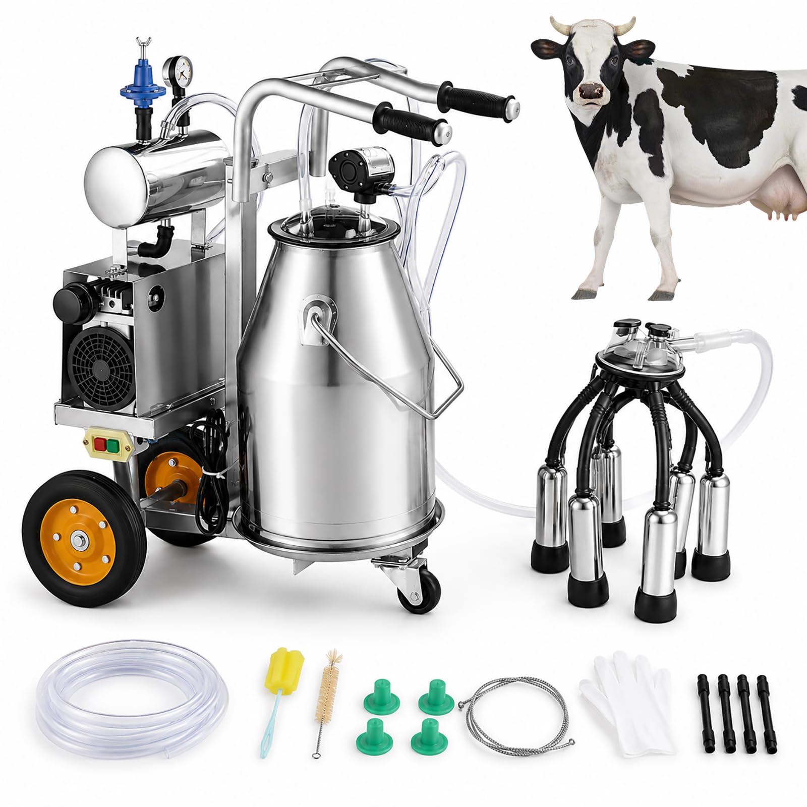 HCAUYNN Portable Electric Cow Milking Machine, 25L Stainless Steel Goat Milker with Vacuum Pulsation and Wheels for Dairy Farm