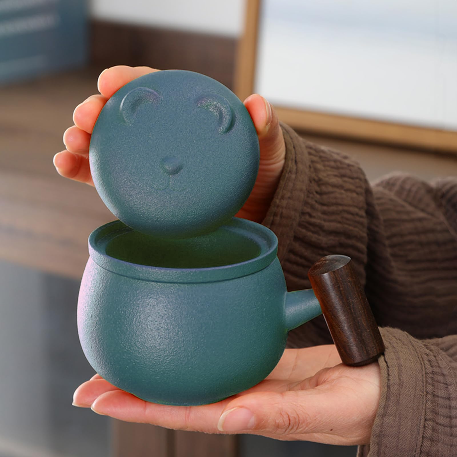 fanquare Tazza per Infusione di Tè Tazza da Tè in Ceramica Verde con Orso Carino con Coperchio Tazza Portatile da Viaggio per la Macerazione del Tè per i Fogli Sciolti