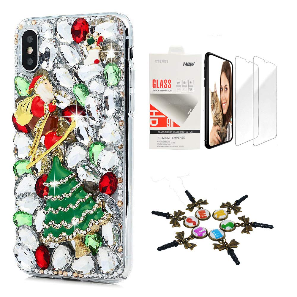 STENES iPhone X/iPhone Xs Case - Stylish - 3D Handmade [Sparkle Series] Bling Santa Christmas Tree Design Cover Compatible with iPhone X/iPhone Xs with Screen Protector [2 Pack] - Green