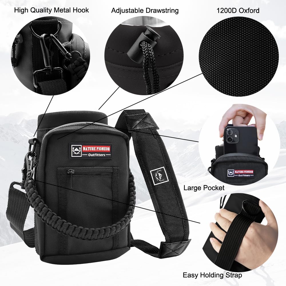 NATURE PIONEOR Water Bottle Holder with Adjustable Strap - 25/32/40oz Insulated Water Bottle Carrier Sling Sleeve with Paracord Handle & 2 Storage Pockets, Hiking, Camping, Gym - Image 4