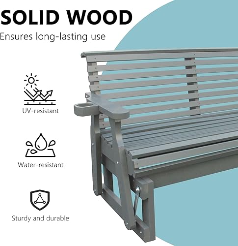 Miniatura 5 de Silla Mecedora Deslizante para Exteriores de 2 Plazas, Deslizante de Patio de Madera de 1.5 Metros con Respaldo Alto Curvado, Portavasos y Contorno