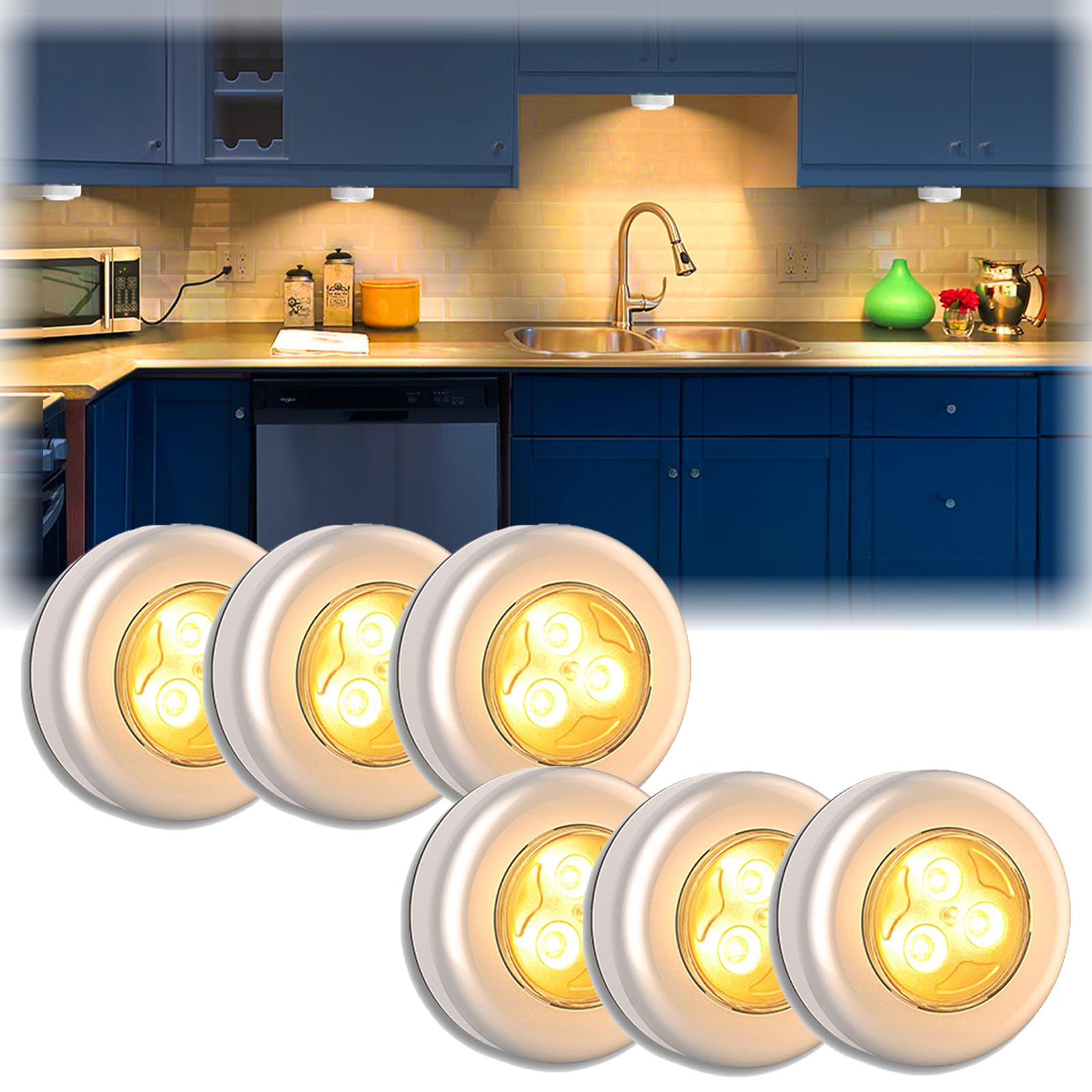 Mini Puck Light, 6 Pack Cordless Under Cabinet Lights Battery Powered Tap Push Light, LED Puck Light Warm Lightings Press Light Stick On Lights for Closet Counter Kitchen Cabinet RV Indoor Outdoor