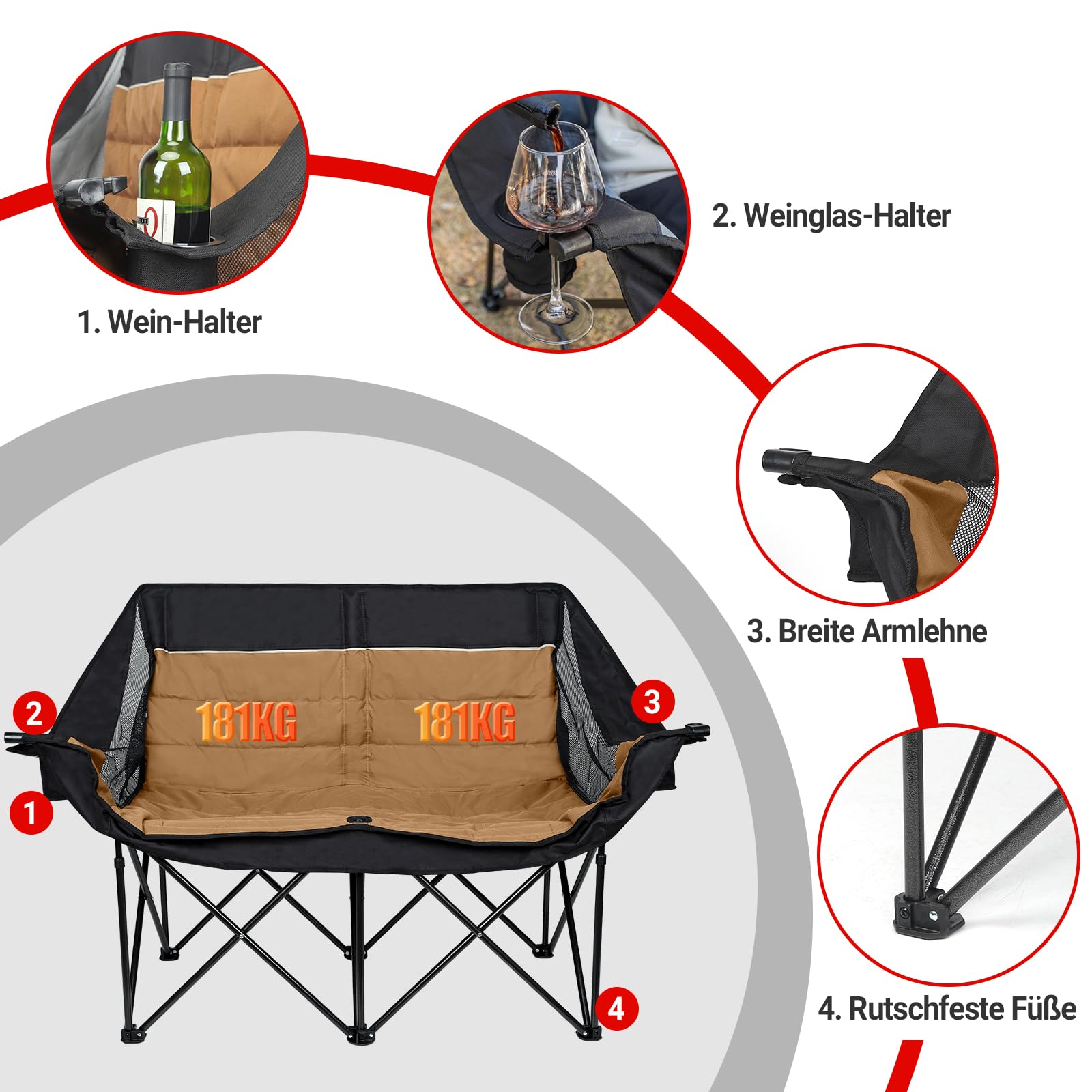 XGEAR Sedia da campeggio pieghevole per 2 persone, portata 320 kg