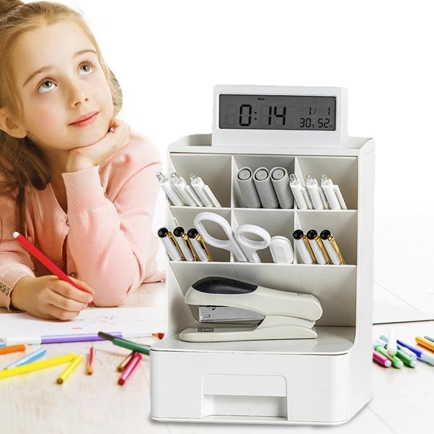 Organizer da scrivania con cassetto, portapenne, portapenne per scrivania, contenitore per cancelleria, organizer da tavolo multiscomparto, accessori da scrivania per ufficio, arte e