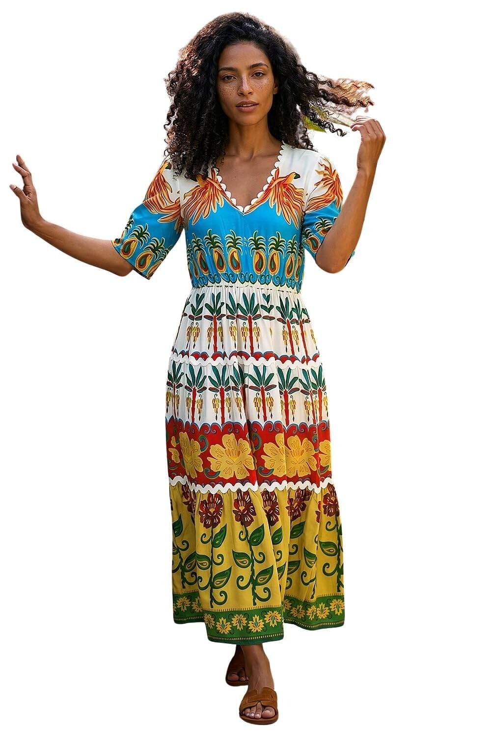 Roman Women's Red Tropical Print V-Neck Maxi Dress In | : Size 10