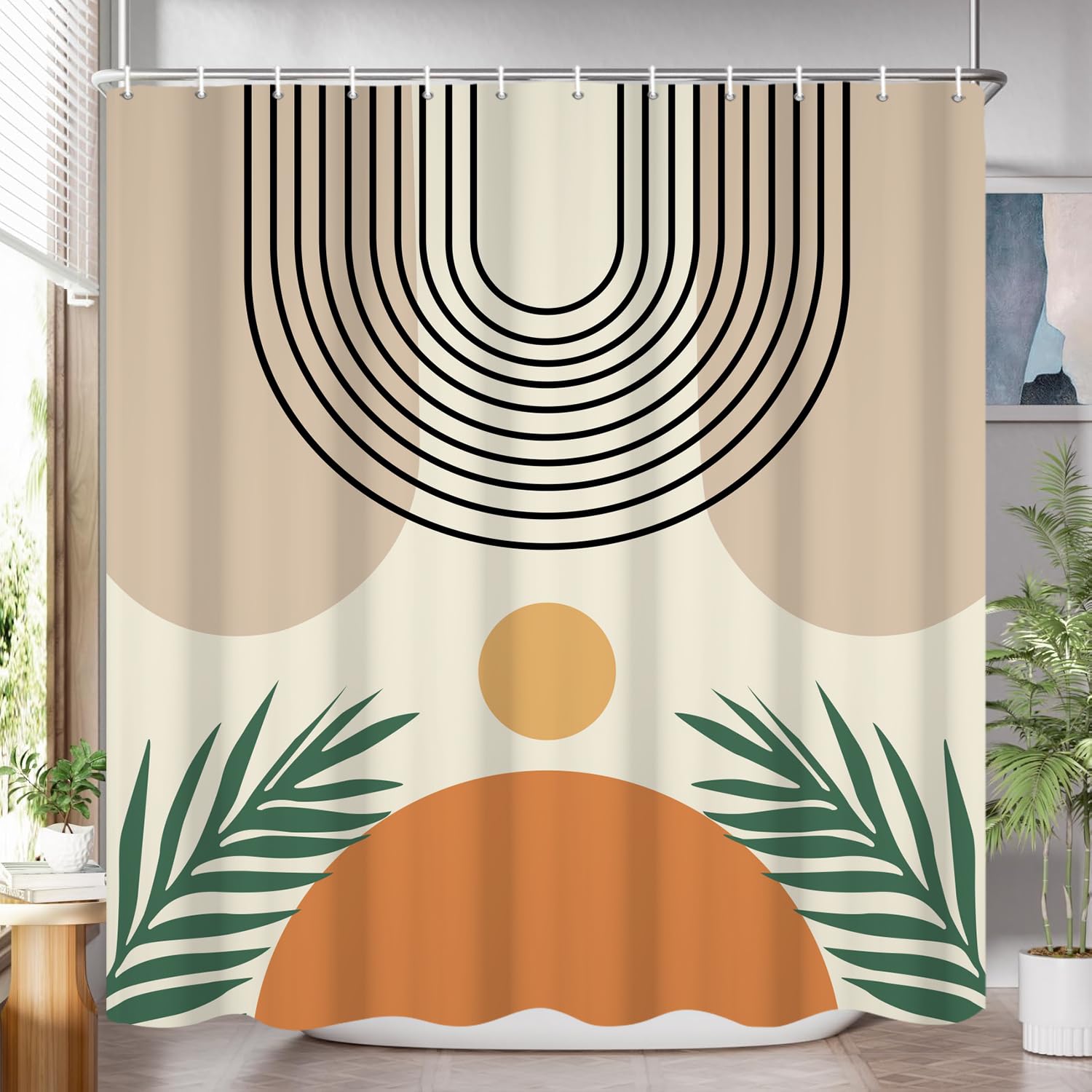 GCIREC Shower Curtain, 180x200cm, Orange Gray Boho Mid Century Modern Abstract with Minimalist Leaf Waterproof Fabric Machine Washable Bathroom Curtain with Hooks