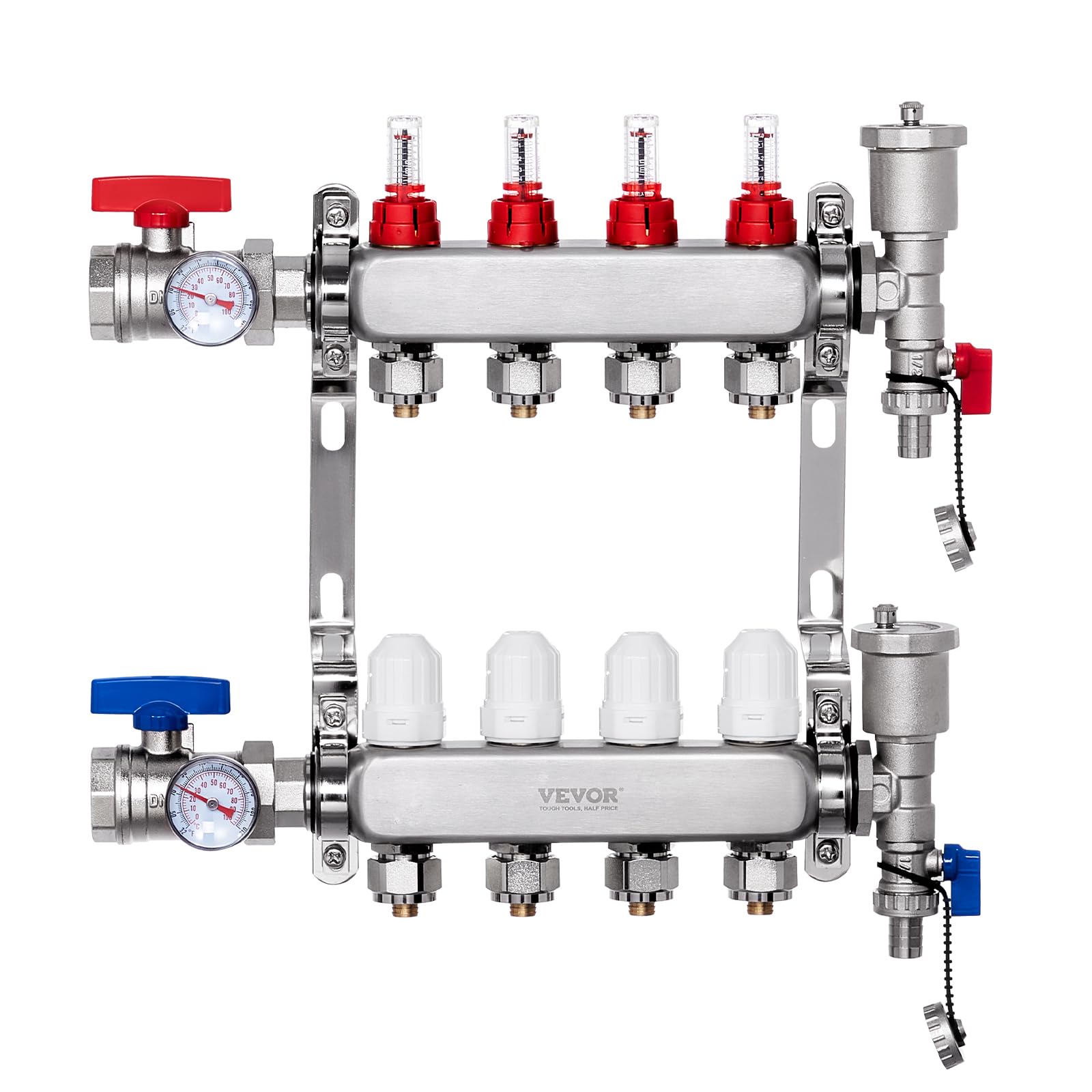 VEVOR 4-Heizkreise, Heizkreisverteiler Edelstahl, Kugelhähne mit G-Gewinde für Zu- und Rücklauf, 5 L/min Durchfluss, für Fußbodenheizung, Verteiler mit 1/2-Zoll-Adaptern und Durchflussmesser