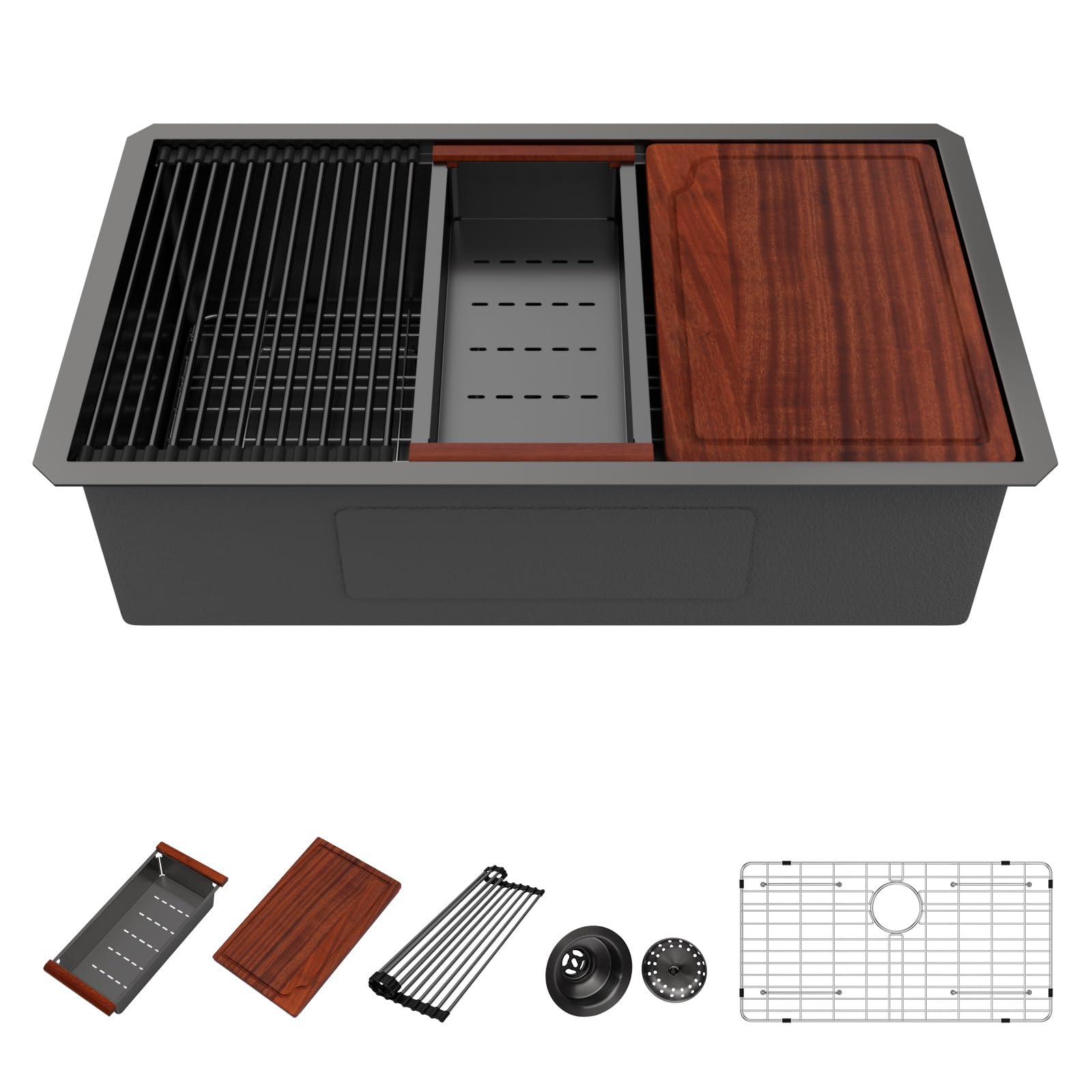 33 Inch Black Undermount Workstation Kitchen Sink -Beslend Stainless Steel Gunmetal NANO-PVD Black Sinks 16 Gauge Deep Single Bowl Ledge Round Corner Basin 33”x19”x10”