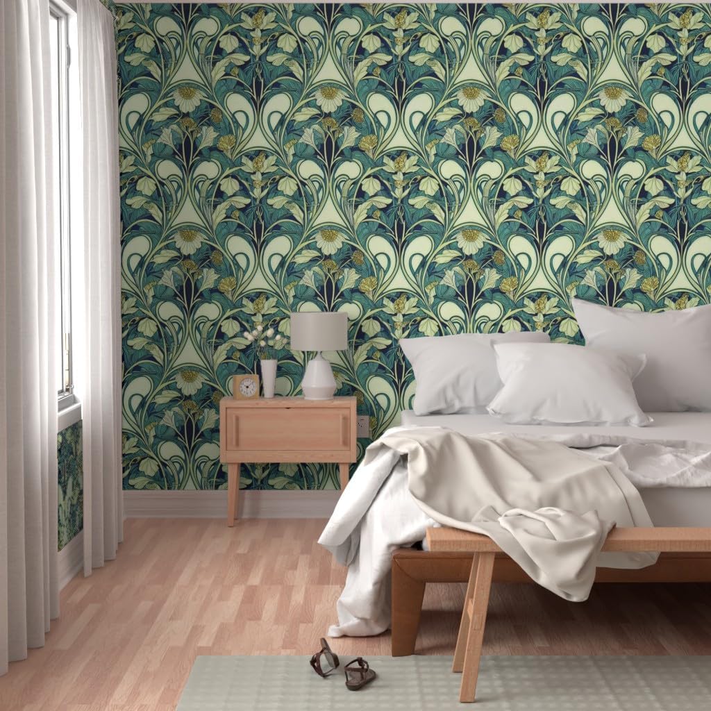 Spoonflower Peel & Stick Wallpaper Swatch - Art Nouveau 1920S Teal Green Cream Floral Vines Elegant Garden Botanical Custom Removable Wallpaper
