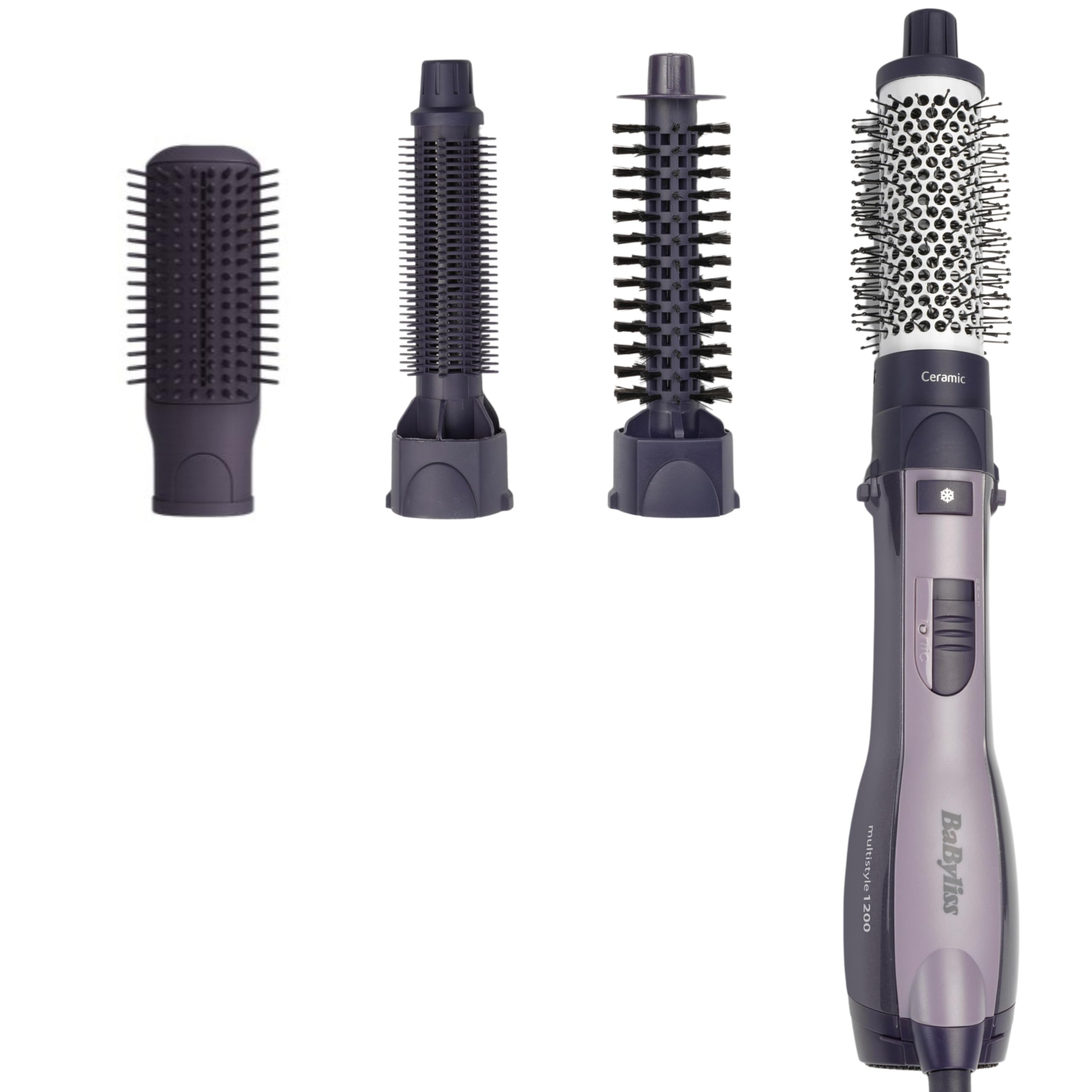 BaByliss Smooth Finish 1200 – Brosse Soufflante 4‑en‑1 pour Sécher, Lisser, Donner du Volume & Coiffer, Technologie Ionique & Céramique, 4 Accessoires, 1200W, Noir, AS121E
