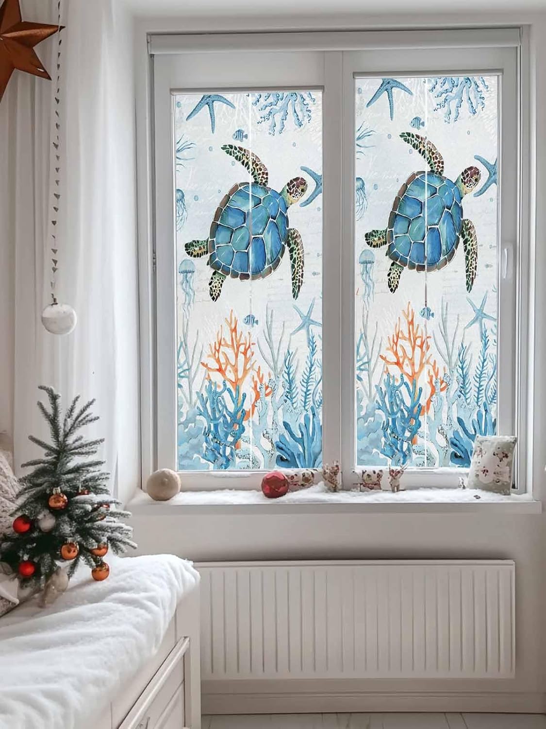 Sea Turtle Blue Stained Glass Window Film - Decorative Privacy Film Static Window Cling for Glass Door - 35.4"x78.7"
