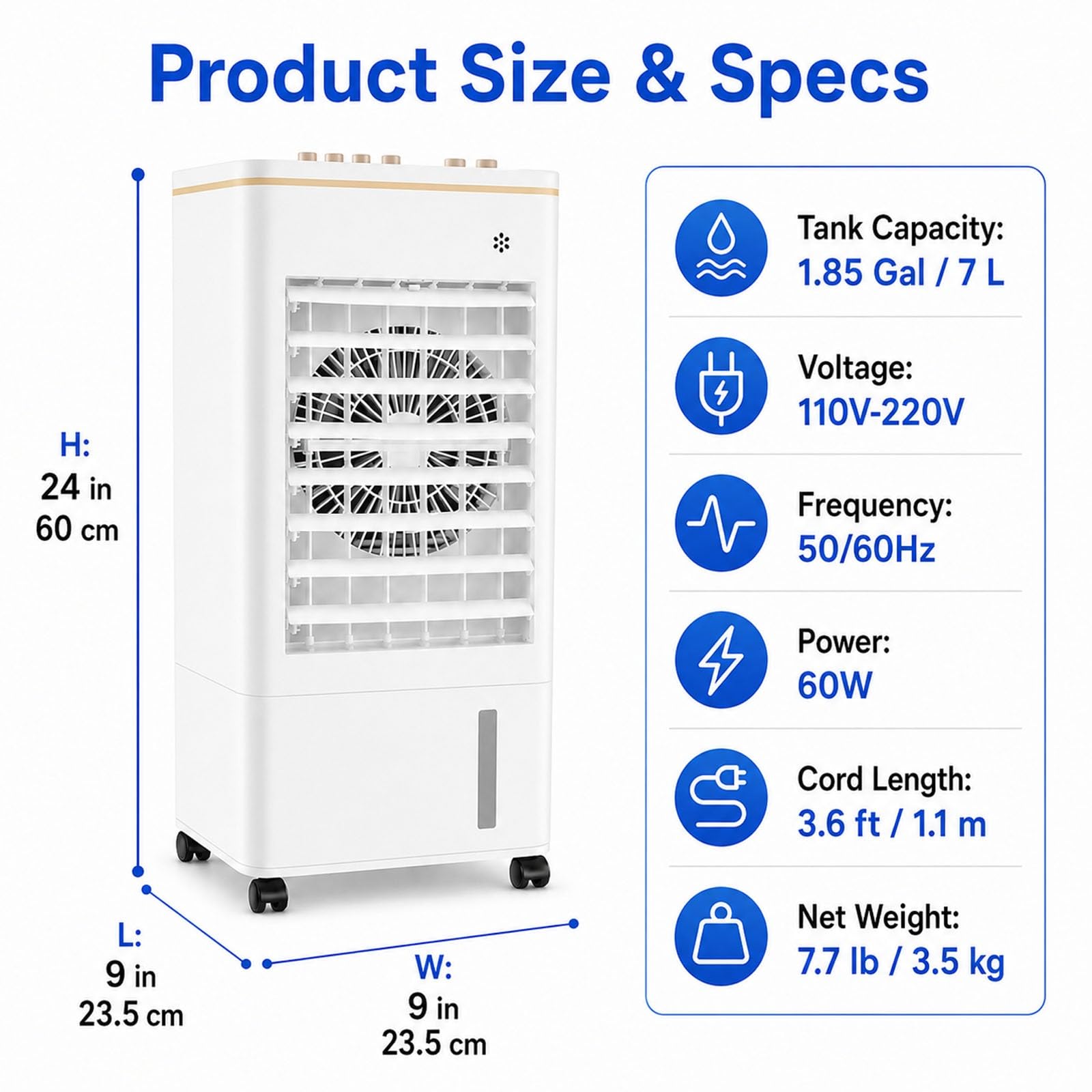 Climatizador Evaporativo Portátil 7 L, Enfriador de Aire Portátil Sin Tubo con 6 Bloques de Hielo, 3 Velocidades, Oscilación 120 Grados para Dormitorio y Oficina