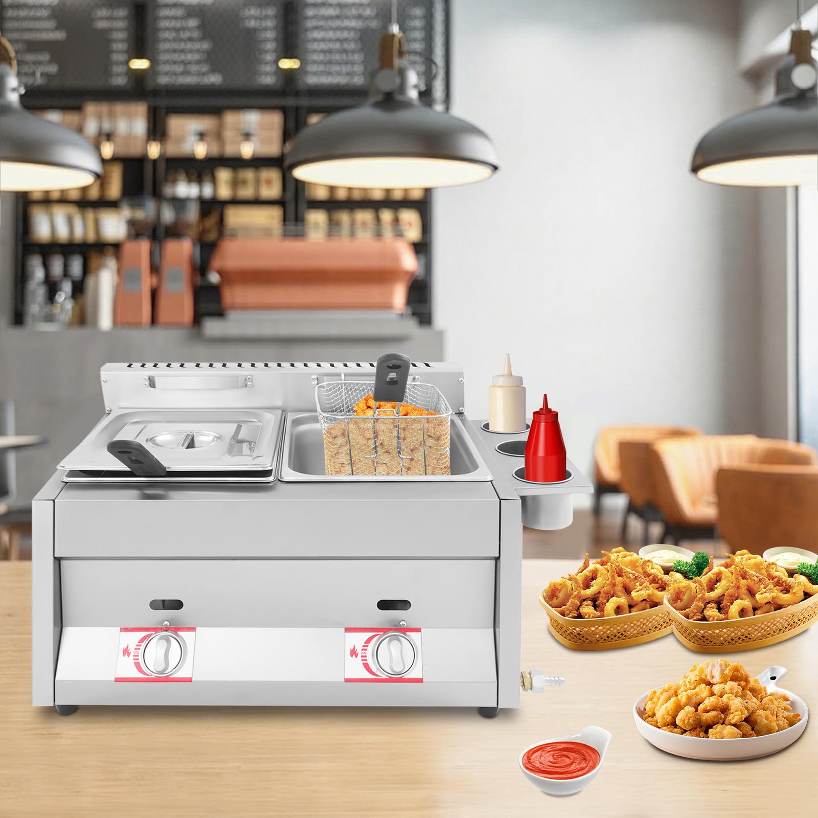 Freidora de gas doble, acero inoxidable, con dos recipientes de 6 L y cesta, rango de temperatura de 50 – 380 °C, freidora de gas con 3 vasos de especias para hogares, restaurantes, bares de comida