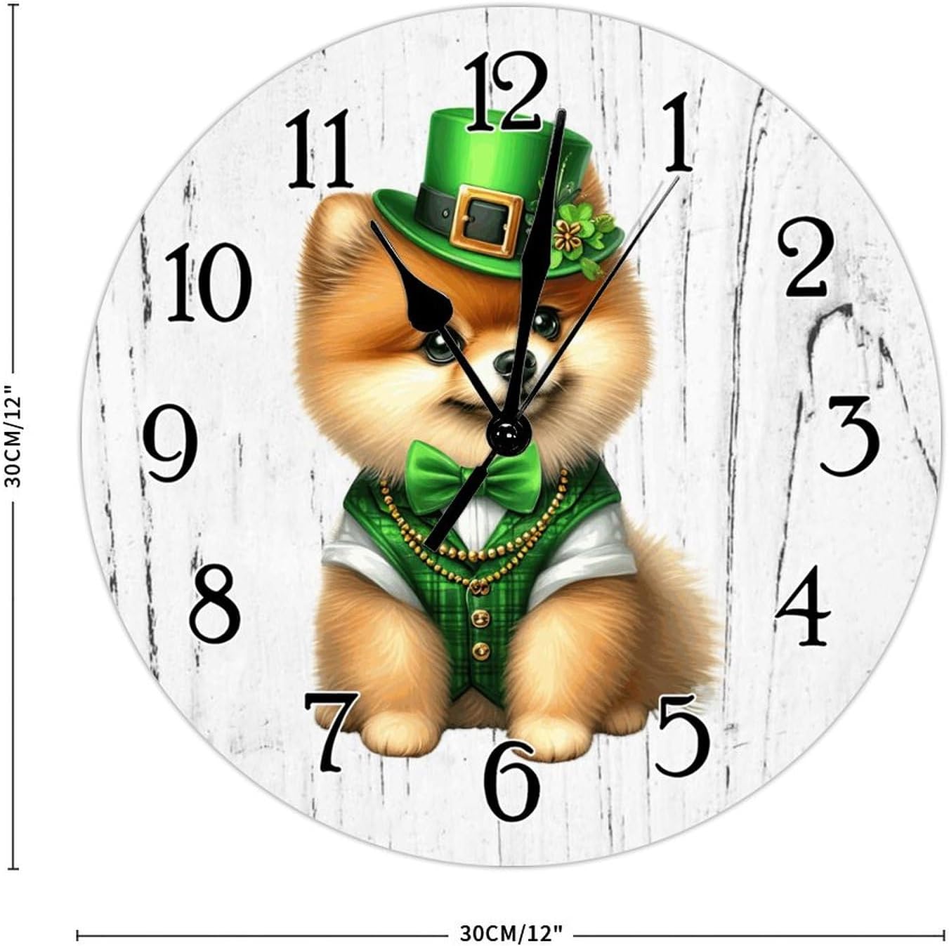 Clock Pomeranian Dog St. Patrick's Day Wall Clock Pomeranian Dog Green Leprechaun Hat Leaf Hanging Wall Clocks Non-Ticking Battery Operated Round Clock Dog Lover Gift Pet Clocks 12x12in