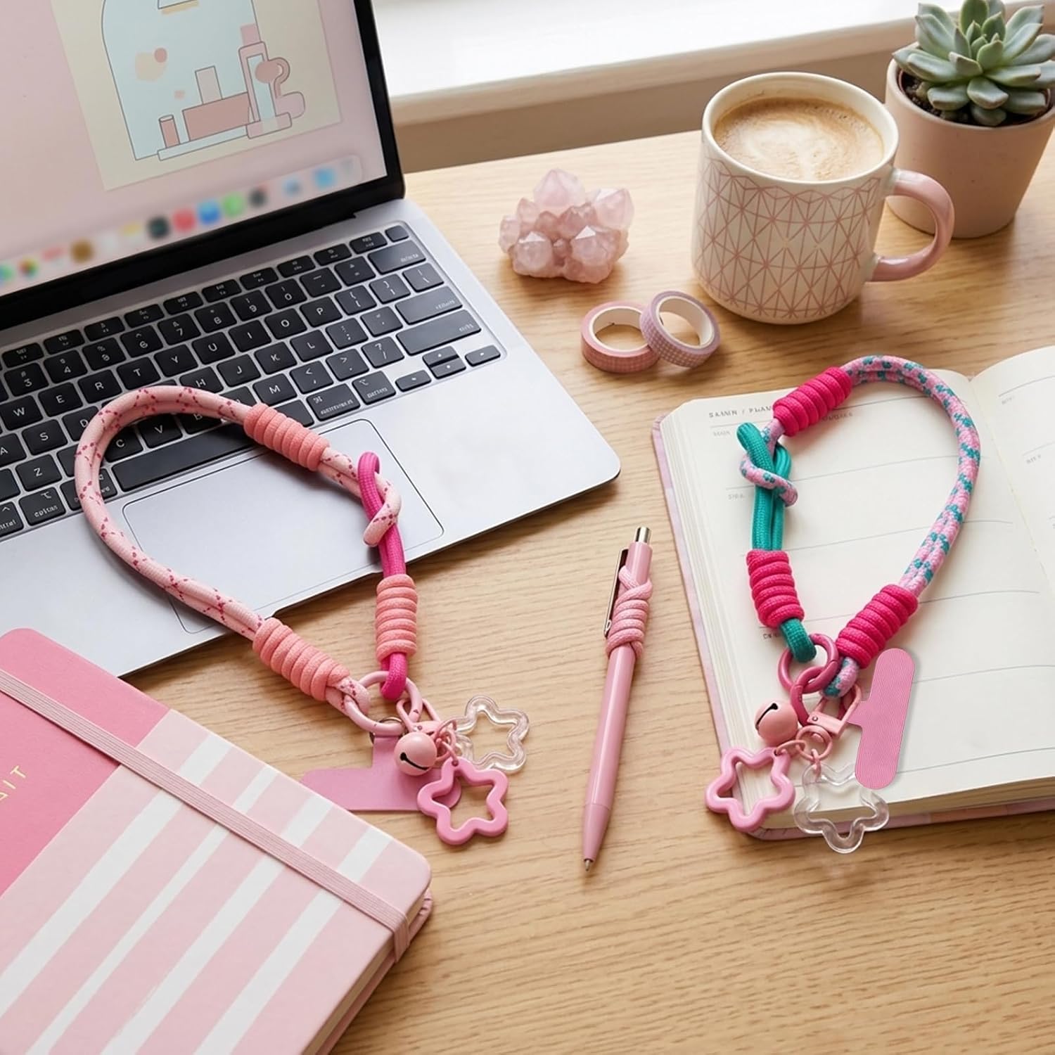2PCS Cute Wrist Strap Lanyard Pink and Rose Red Star Pendant Braided Phone Wrist Strap Adjustable Color Blocking Phone Wrist Strap for Cellphone Case Camera Purse Bag image 4