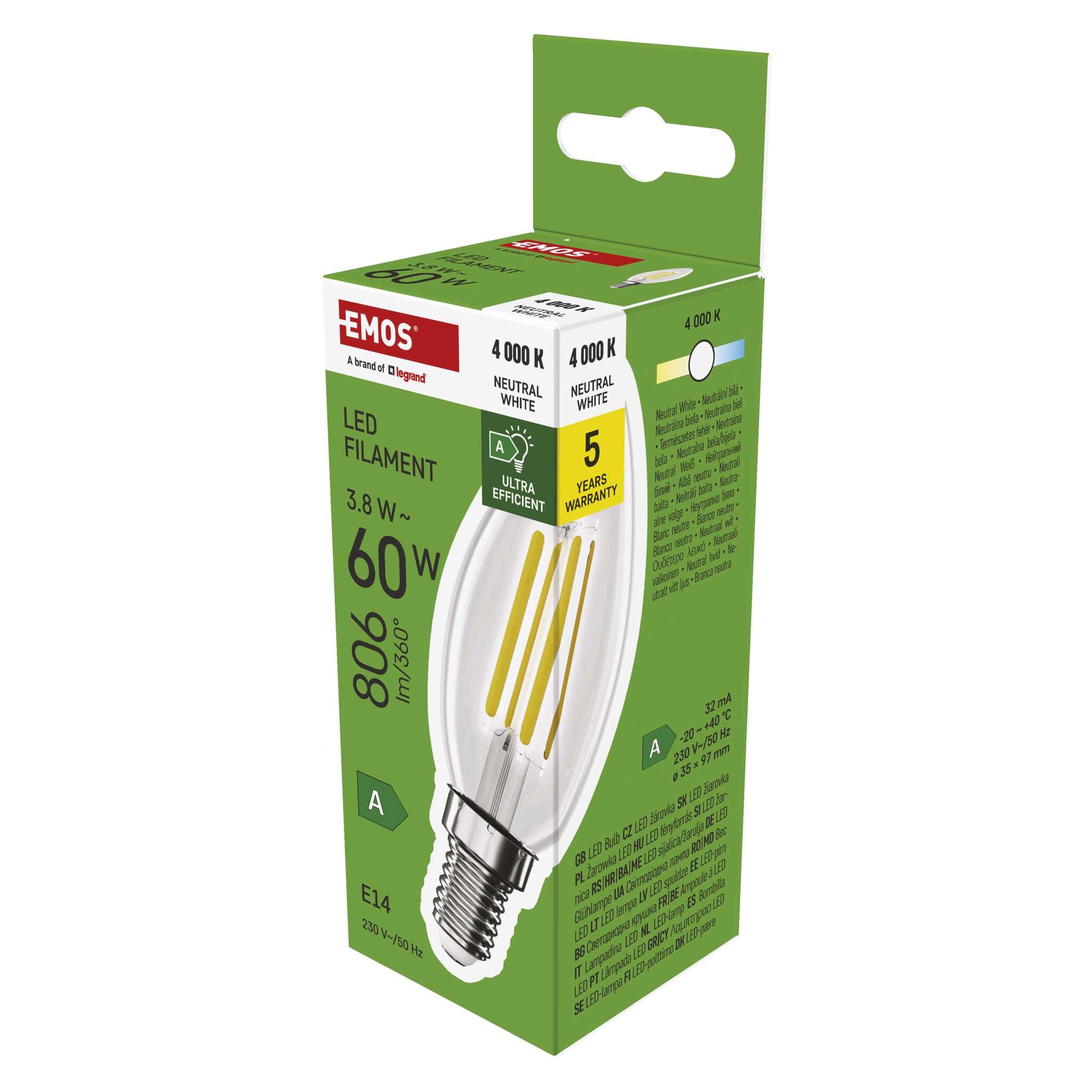 EMOS Żarówka LED Edison Candle, zamiennik żarówki 3,8 W do żarówki 60 W, klasa A, oprawa E14, jasność 806 lm, neutralna biel 4000 K, długa żywotność 50 000 h, CRI min. 80, kąt świecenia 360°
