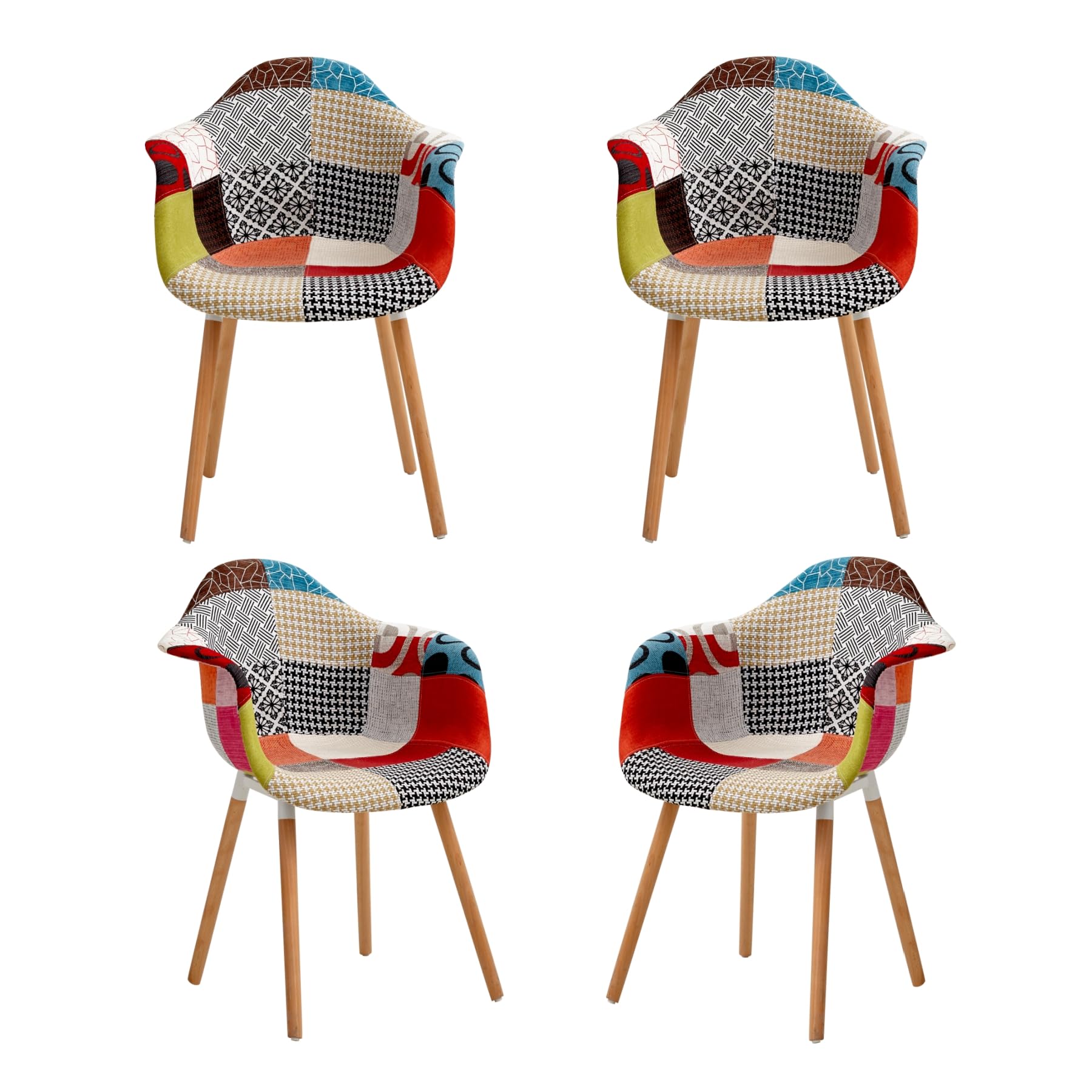 GrandCA HOME 4er-Set Sessel mit Patchwork-Stoffkissen Esszimmerstühle Holzbeine für Küche, Wohnzimmer,Rot A5