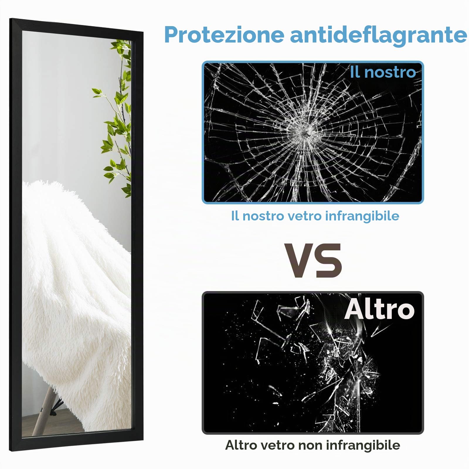 RELAX4LIFE Specchio Sospeso Rettangolare, Appendere alla Porta o alla Parete, Antideflagrante, a Figura Intera, per Ingresso, Bagno, Camera da Letto, 120x37x1,6 cm (Nero)