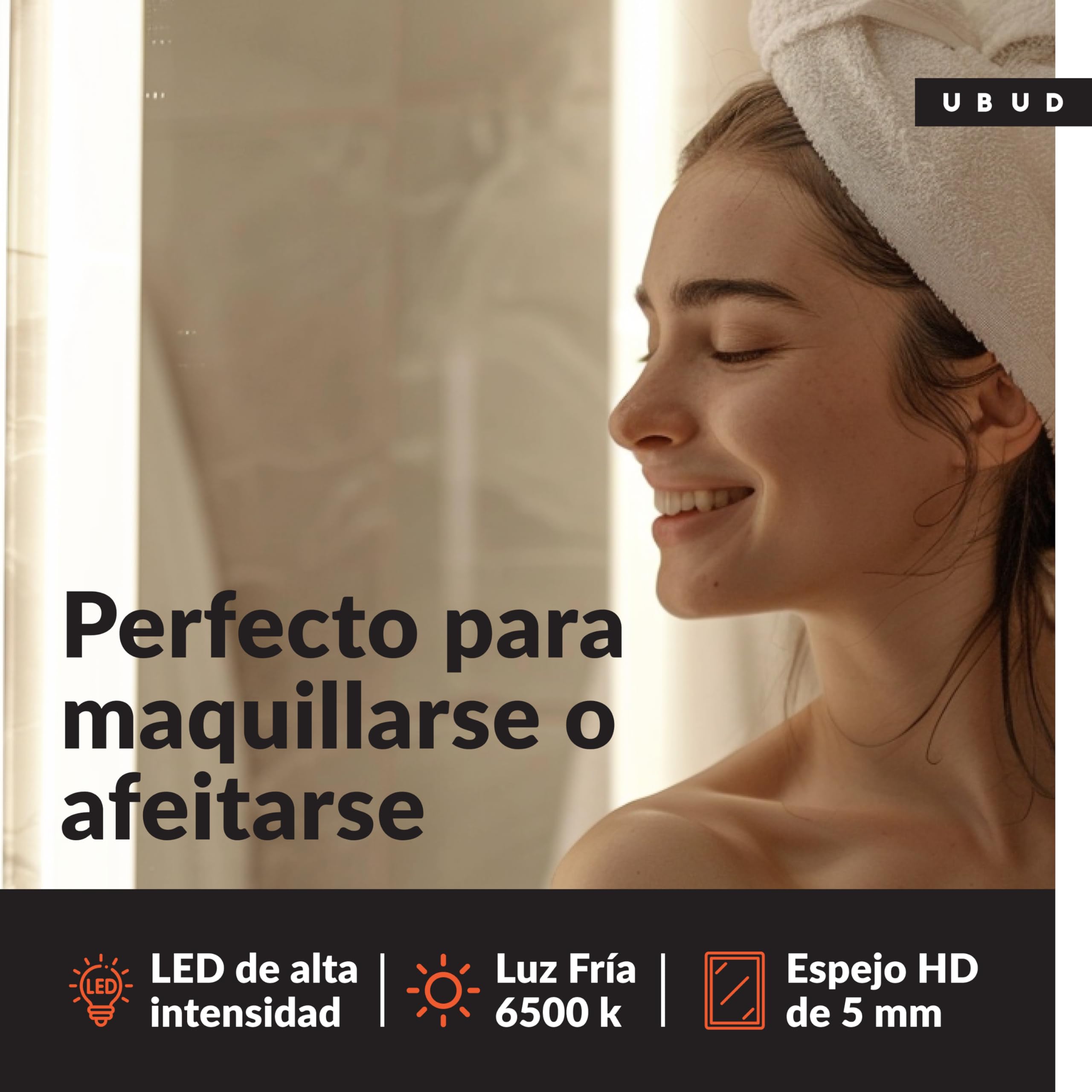 UBUD Espejo de Baño con Luz LED, Rectangular 120x80 cm, Marco Negro Mate - Antivaho, Regulable y 3 Colores de Luz, Memoria, IP44, Vidrio Anti-Estallido, Maquillarse/Afeitarse