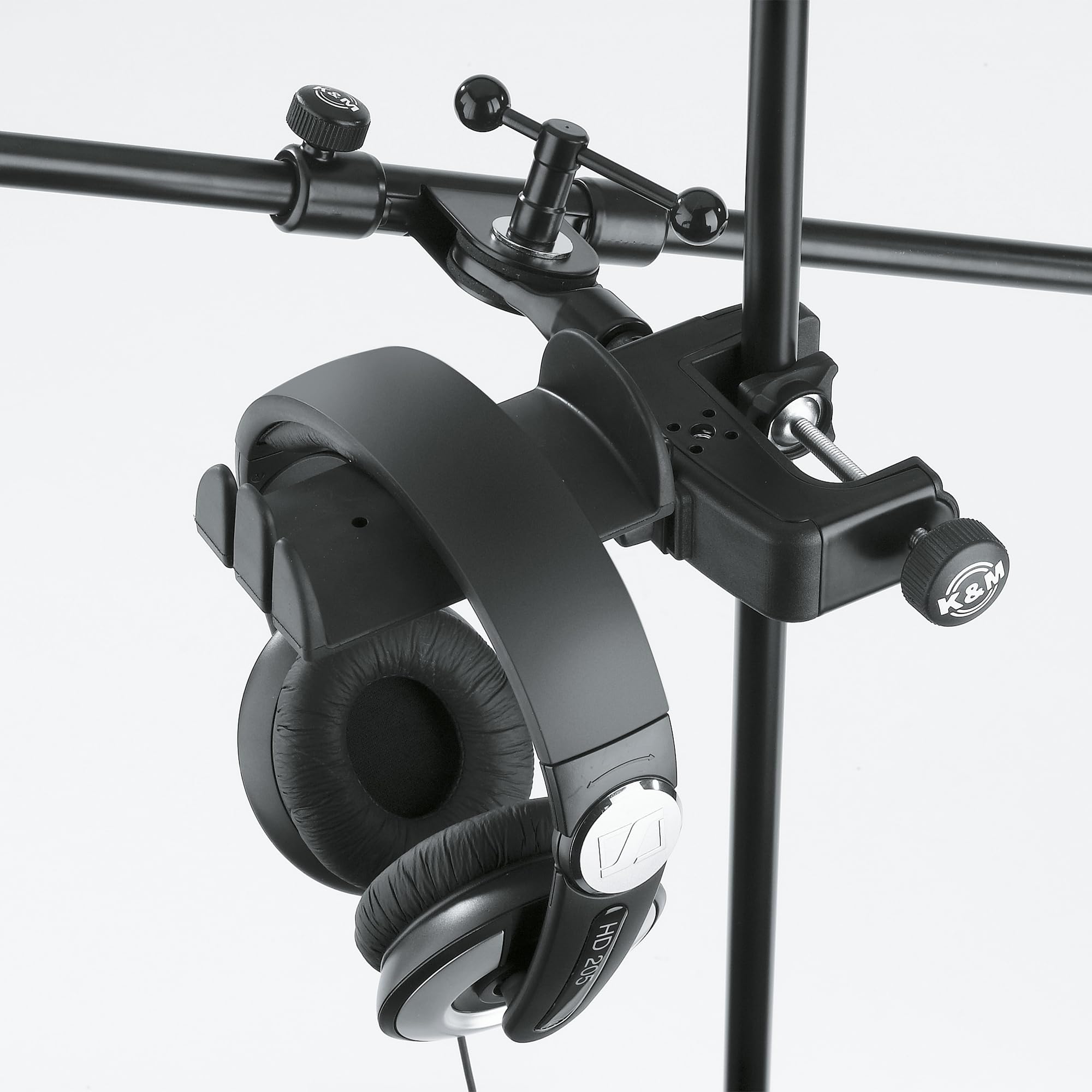 K&M 16085 Supporto per cuffie con pinza da tavolo, nero e acciaio - con supporto in plastica per due cuffie Over Ear