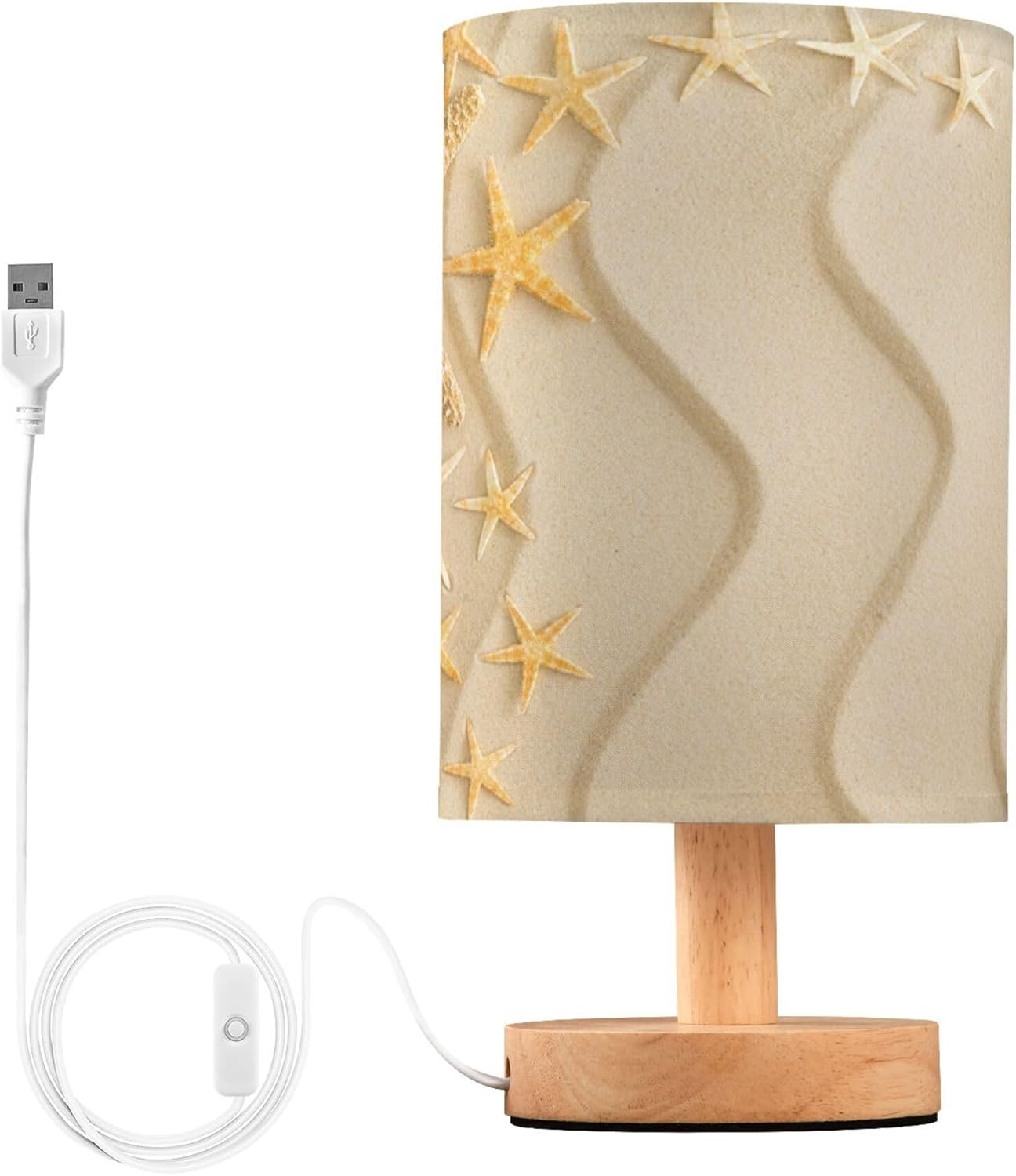 Nautical Starfish Gold Wavy Beach Sand Summer Ocean Design Table Lamp with Wood Base Fabric Lamp Shade Bedside Nightstand Desk Lamp for Living Room Bedroom Kids Room Office