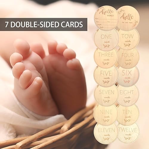 Miniatura 2 de Tarjetas mensuales de hitos para bebé, letrero de anuncio de bebé, discos de hitos de madera para bebé con letrero de Hello World para recién