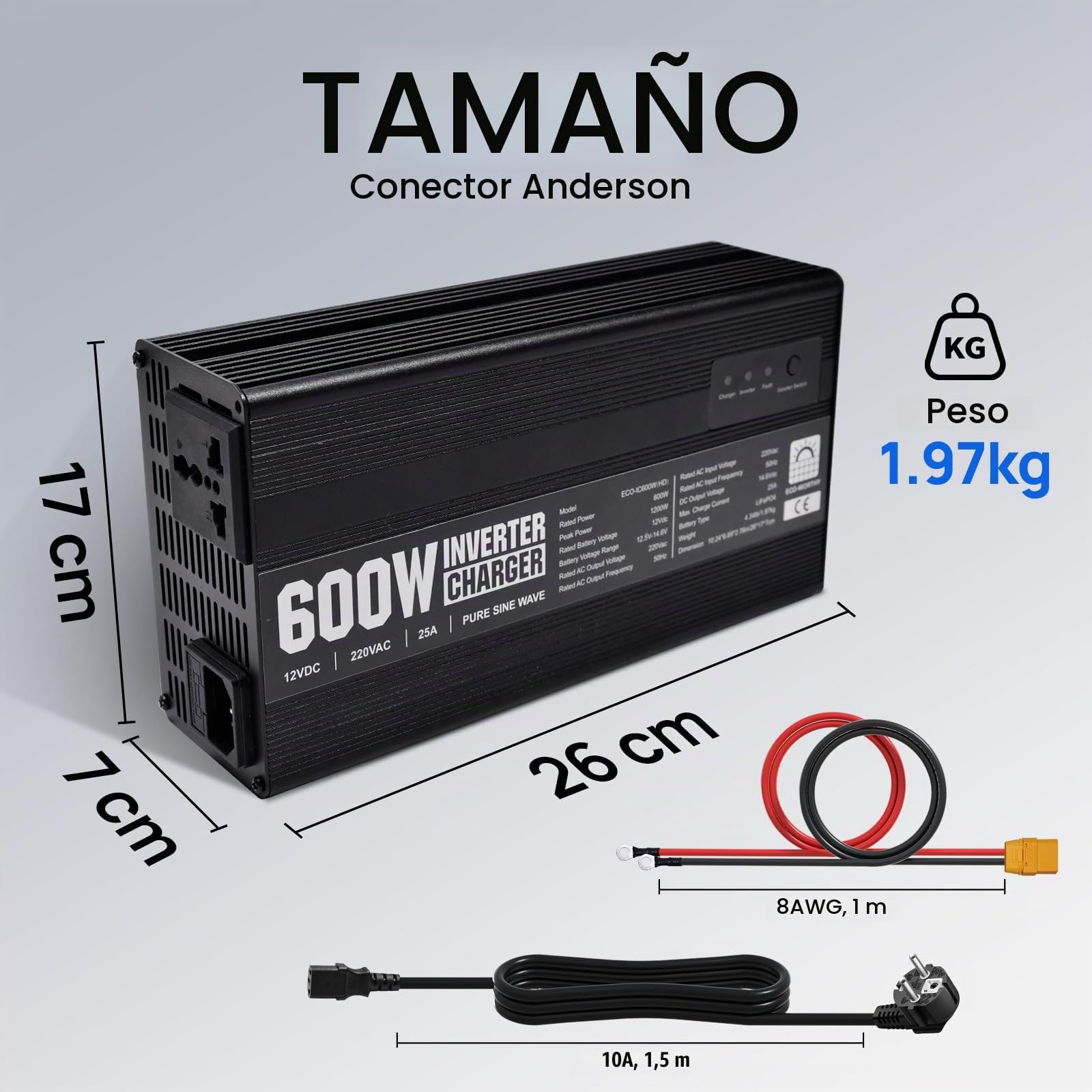 ECO-WORTHY Cargador LiFePO4 14,6V 25A con inversor 600W 12V a 230V, Circuito de prioridad de Red y función UPS, para batería LiFePO4 de Ciclo Profundo, Coche, camión, Turismo