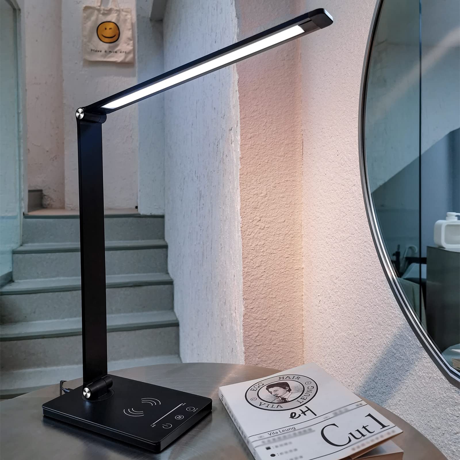 LED Desk Lamp with Wireless Charger, USB Charging Port, Modern Eye-Caring Desk Lamps for Home Office, Table Lamp with 5 Lighting Modes, Bright Desk Light with Touch Control,Auto Timer