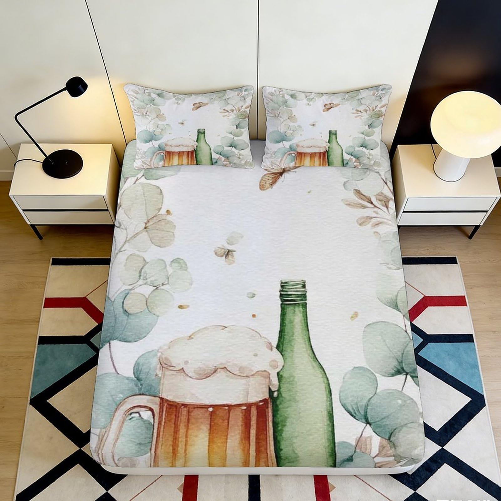 3D Printed Beer Mug Fitted Sheet Microfiber Soft Green Bottle Mattress Cover for Bedroom Dorm Decorative Protection 90x200x25cm