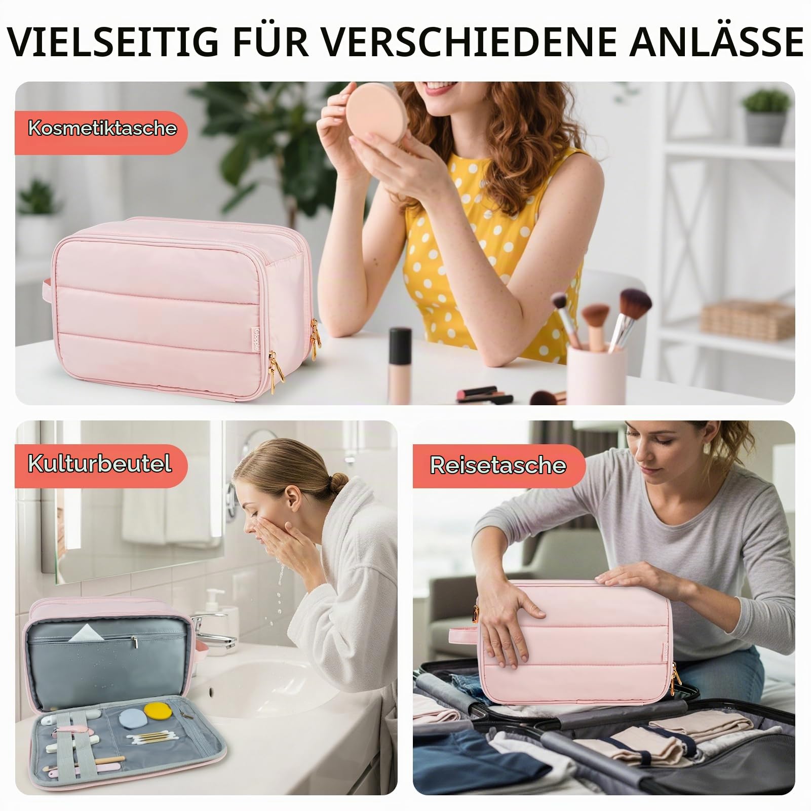 Gloppie Kulturbeutel Damen Kosmetiktasche XXL – Wasserdicht, Groß, Unisex, mit Innenfächern – für Reise, Bad & Alltag, Rosa