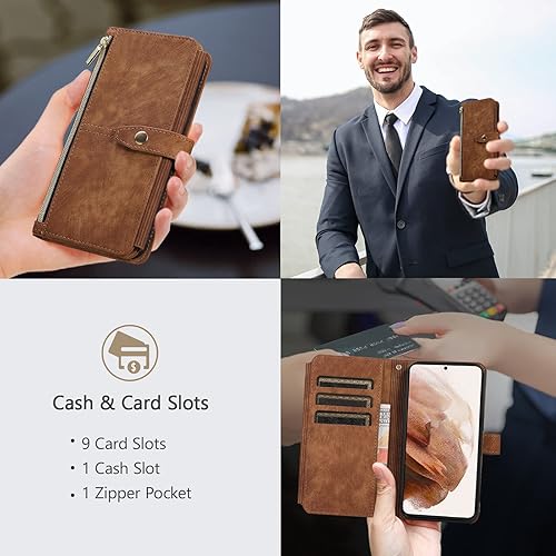 Miniatura 6 de UEEBAI Funda para Samsung Galaxy S21 FE 5G, 9 ranuras para tarjetas, cartera de cuero retro a prueba de golpes, con correa de mano, ranuras para