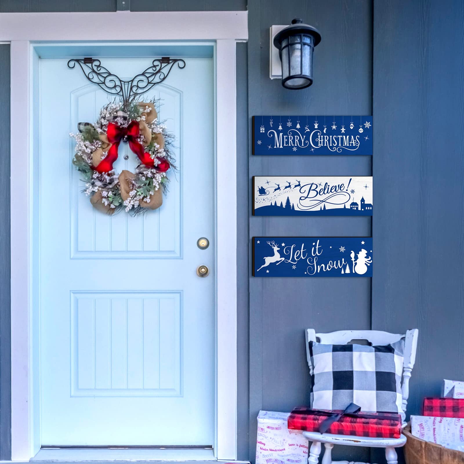 3 letreros colgantes azules de Navidad de madera rústica con copos de nieve para colgar en la pared, adornos y placas de madera para Navidad, vacaciones, invierno, decoración del hogar