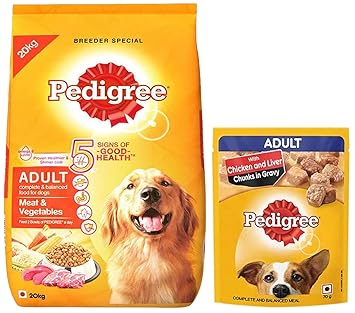 Pedigree Adult Dry Dog Food, Meat & Vegetables, 20kg Pack & Adult Wet Dog Food, Chicken & Liver Chunks in Gravy, 70 g (Pack of 90)